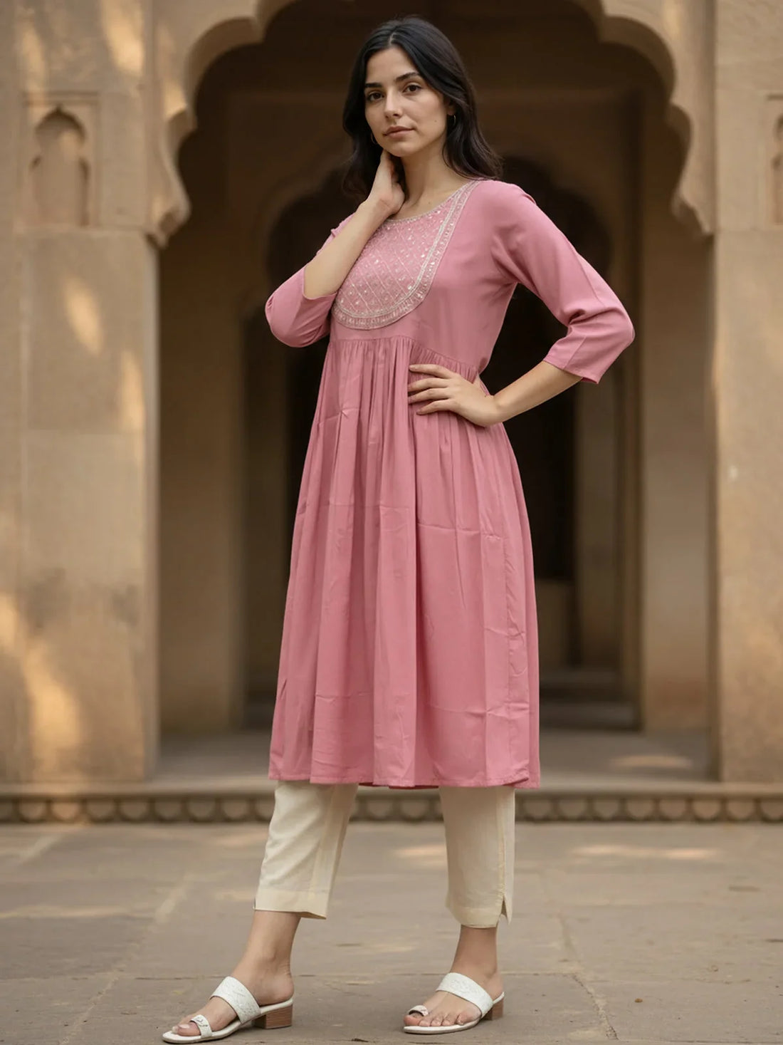 Buy Rayon Embroidered Flared Calf Length Kurta-Mauve