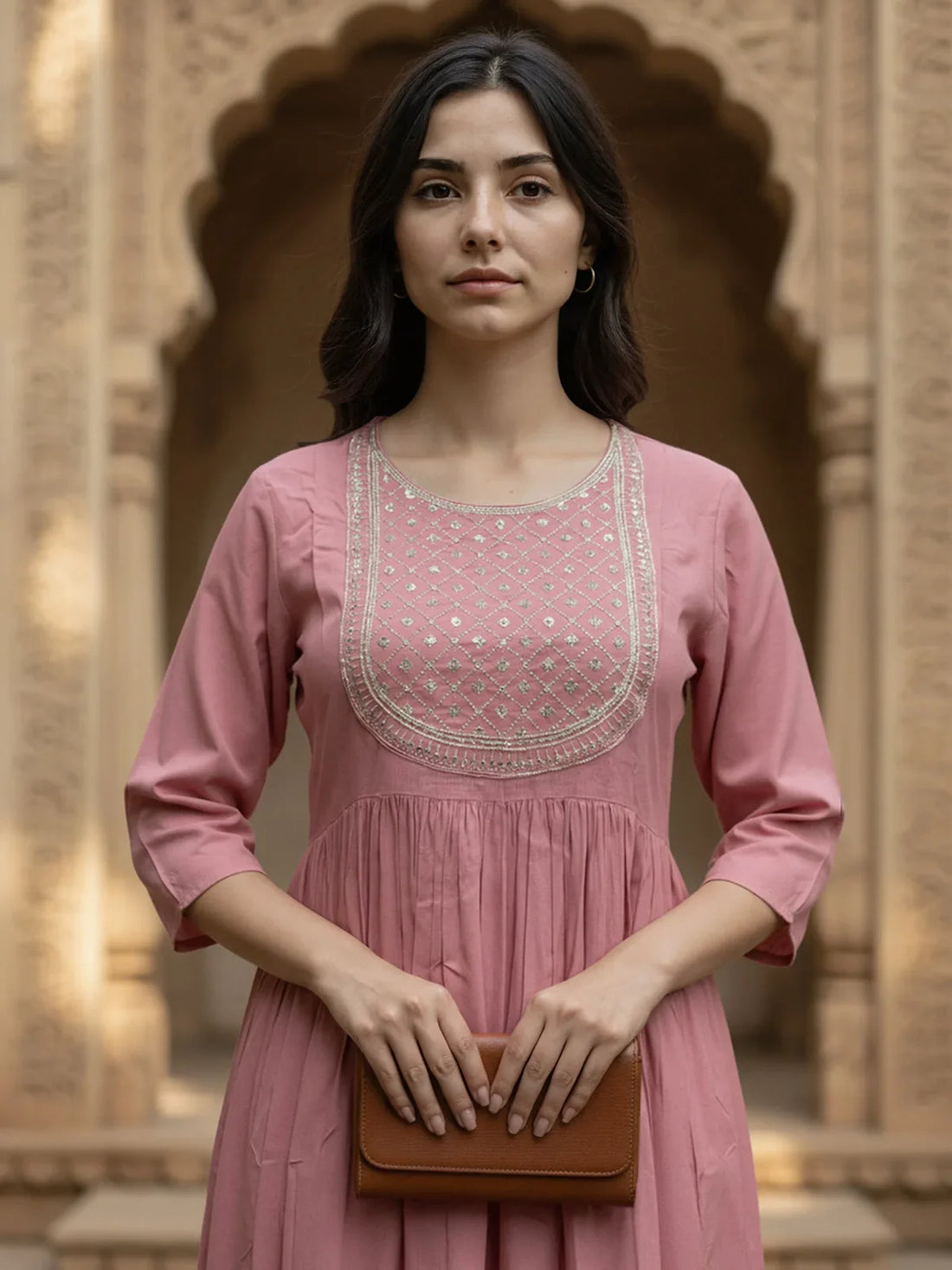 Buy Rayon Embroidered Flared Calf Length Kurta-Mauve