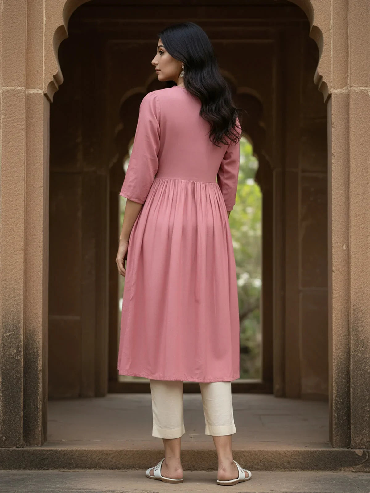 Buy Rayon Embroidered Flared Calf Length Kurta-Mauve