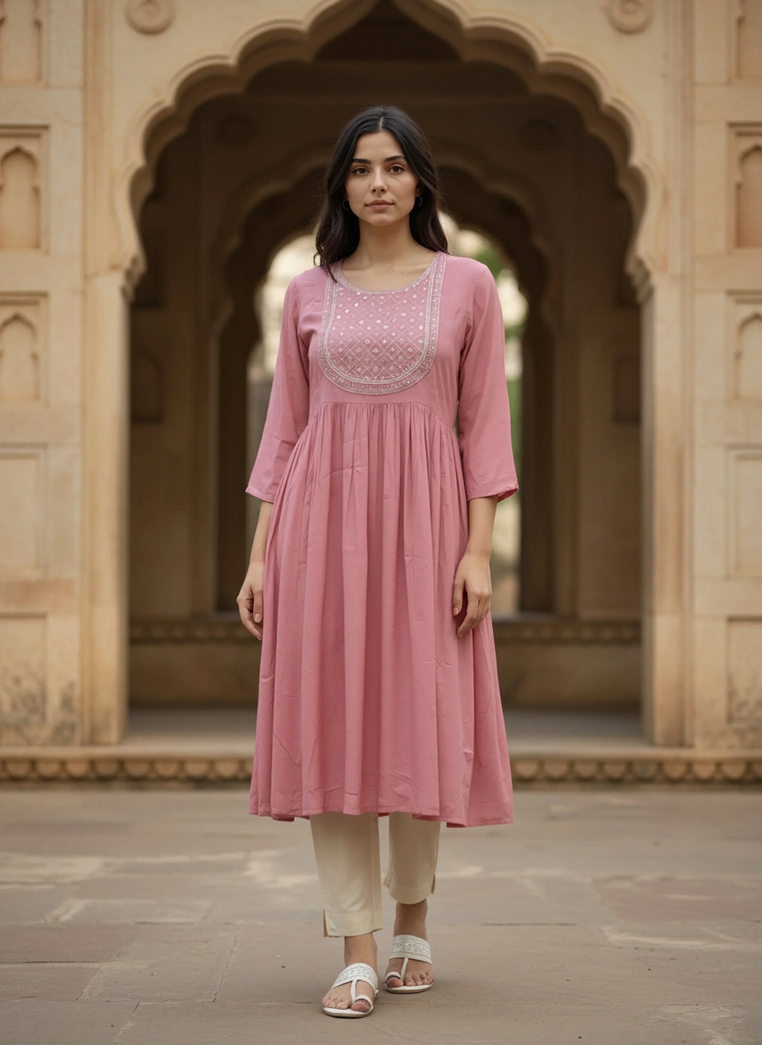 Buy Rayon Embroidered Flared Calf Length Kurta-Mauve