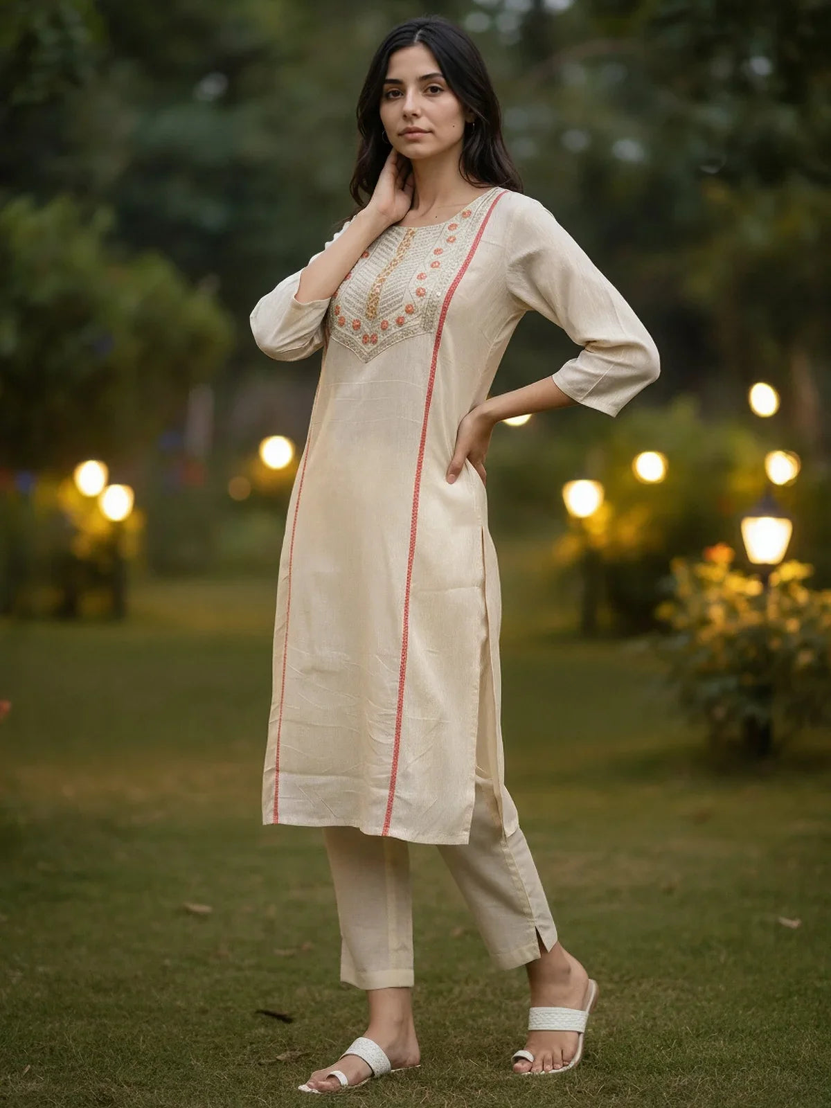 Buy Cotton Embroidered Straight Calf Length Kurta-Off White