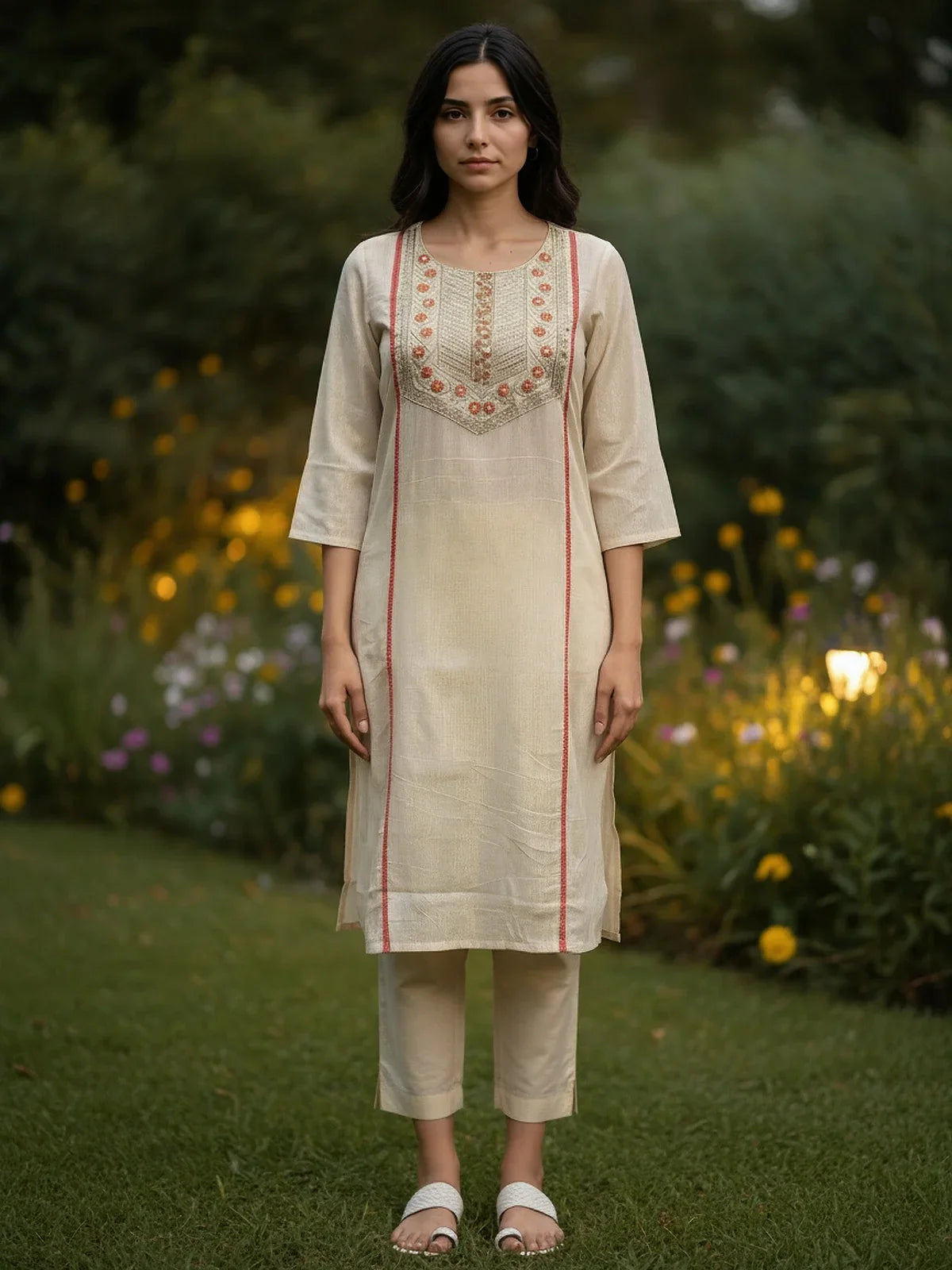 Buy Cotton Embroidered Straight Calf Length Kurta-Off White