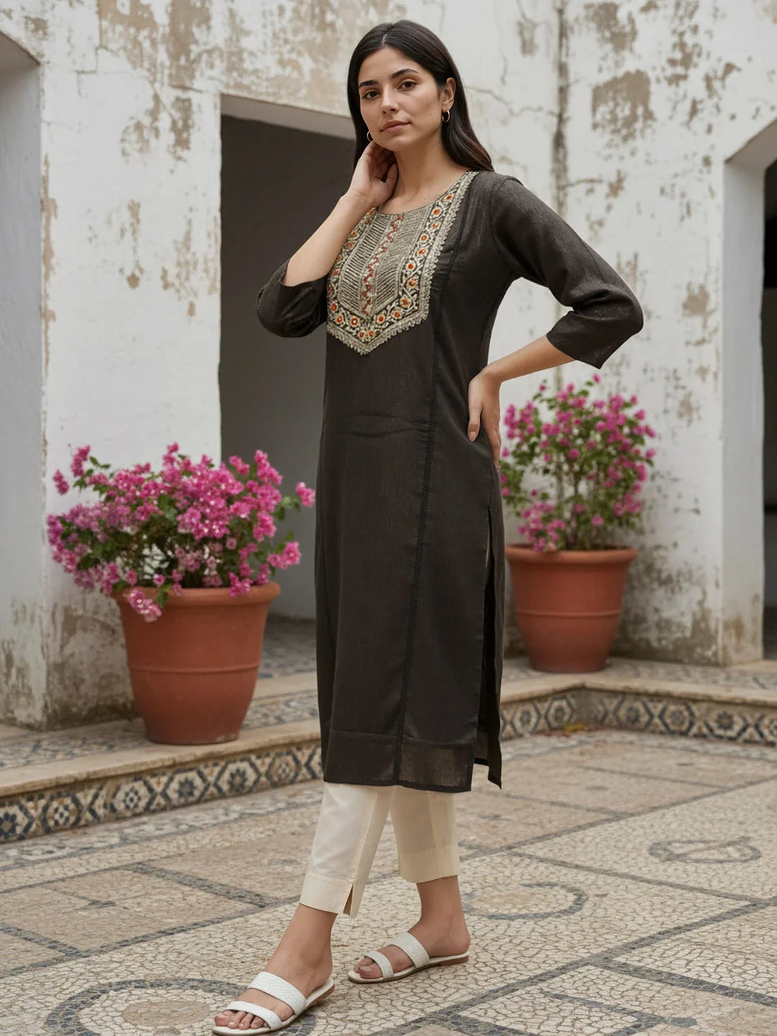 Buy Cotton Embroidered Straight Calf Length Kurta-Black