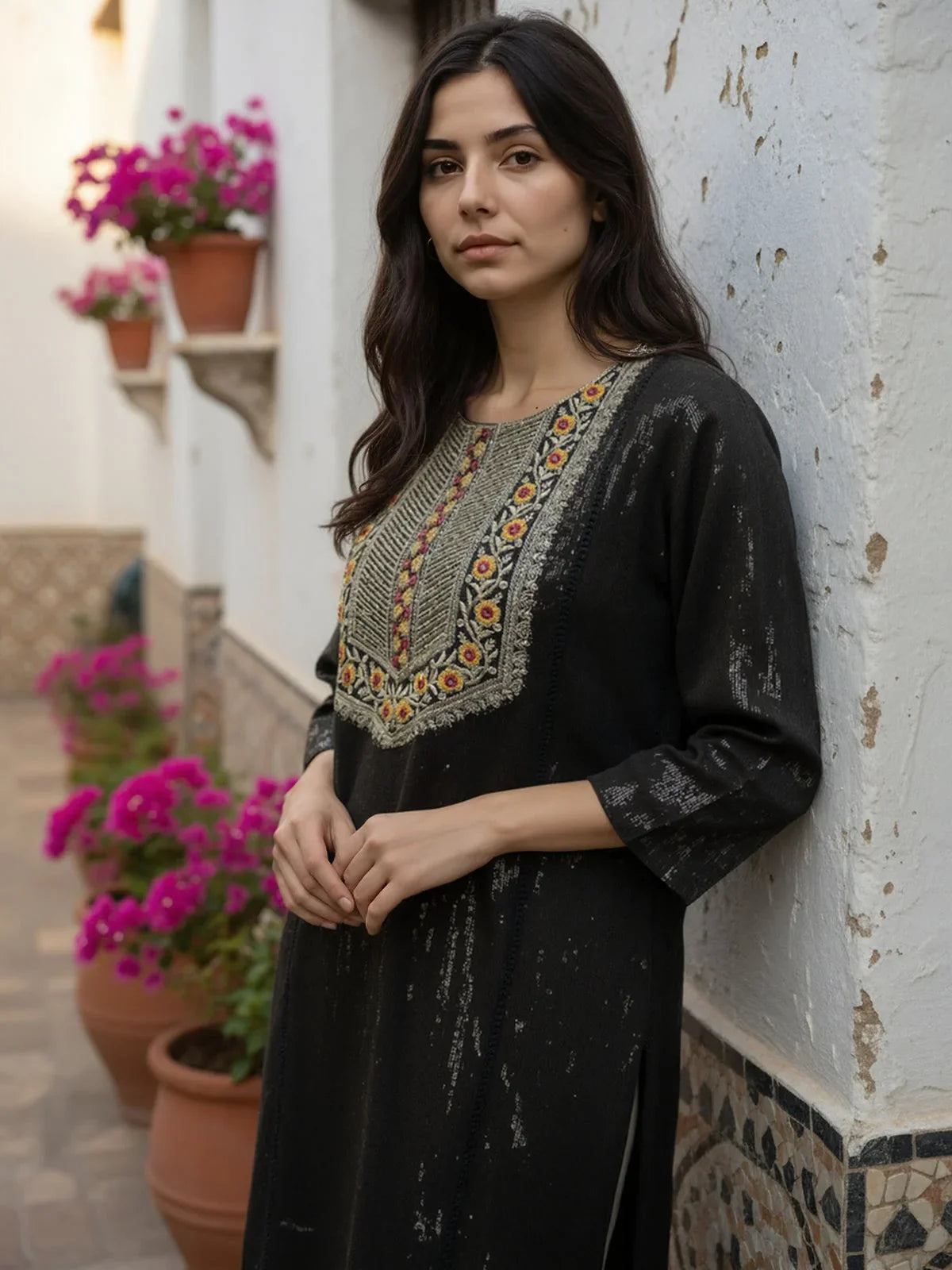 Buy Cotton Embroidered Straight Calf Length Kurta-Black