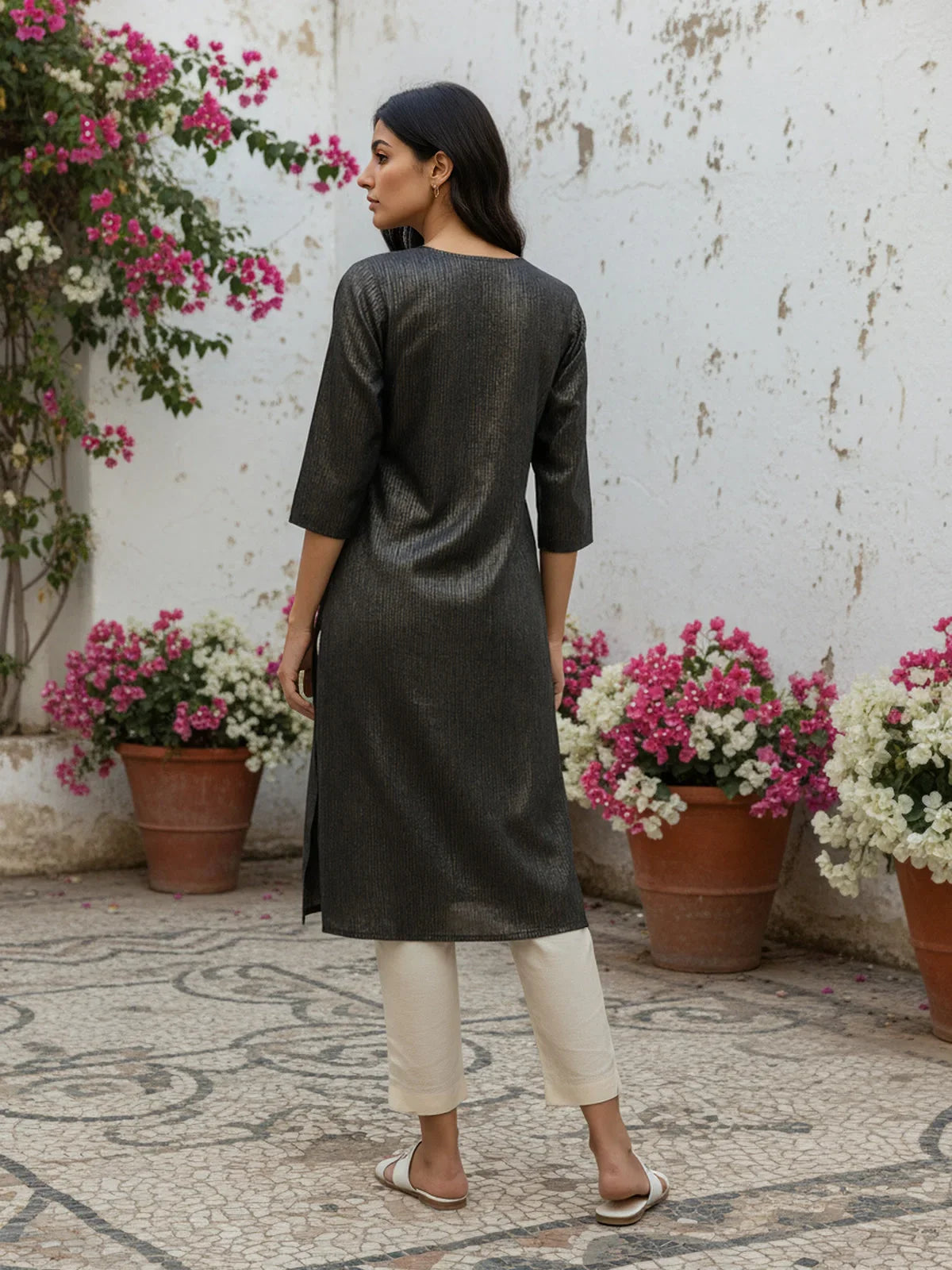 Buy Cotton Embroidered Straight Calf Length Kurta-Black