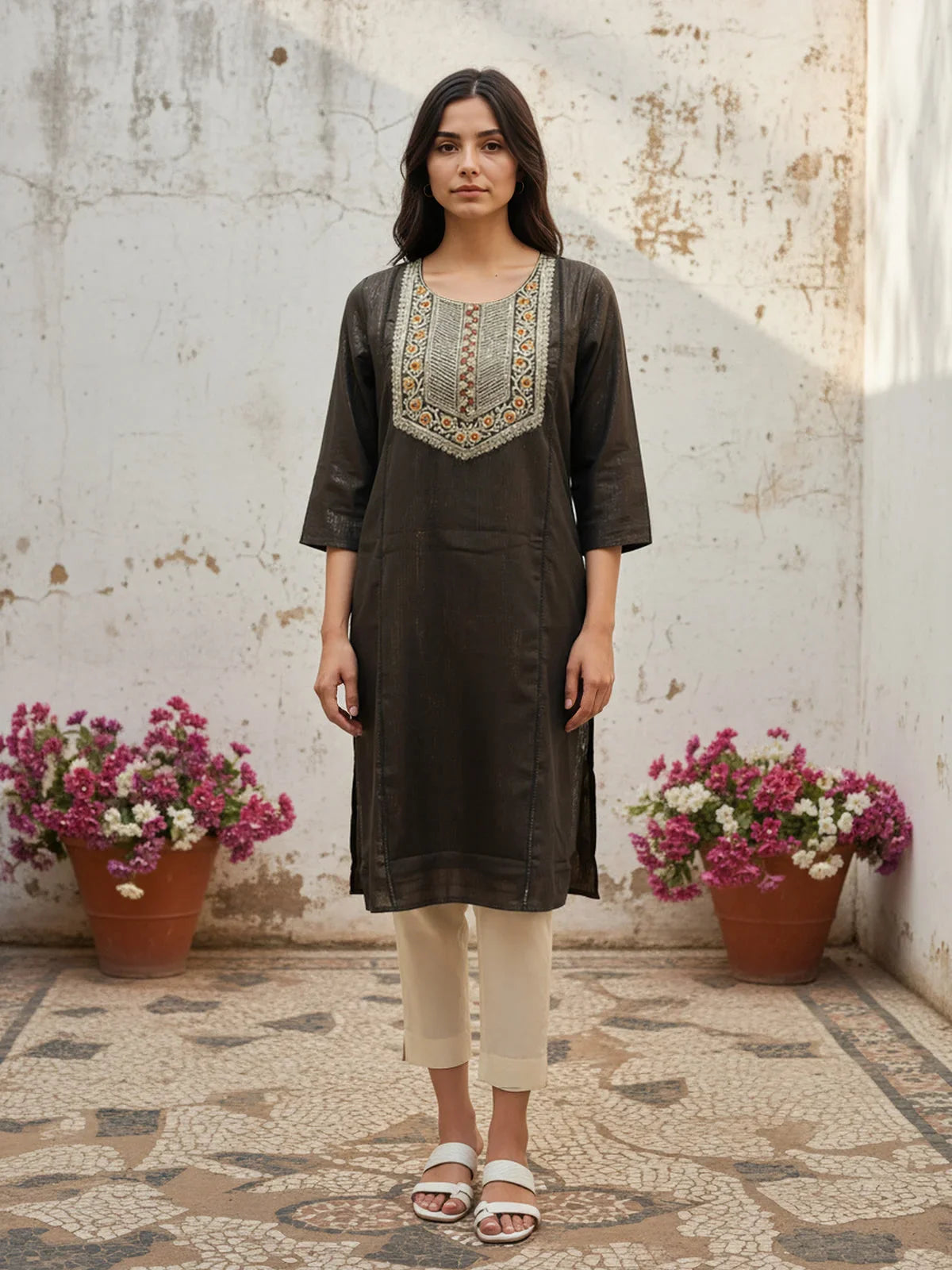 Buy Cotton Embroidered Straight Calf Length Kurta-Black