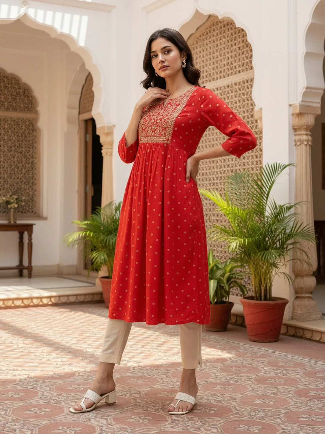 Buy Rayon Embroidered Flared Calf Length Kurta-Red