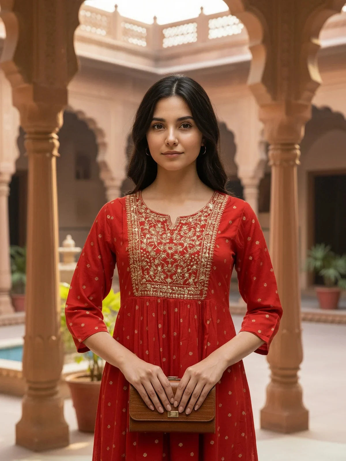 Buy Rayon EmbroideFlaCalf Length Kurta-Red