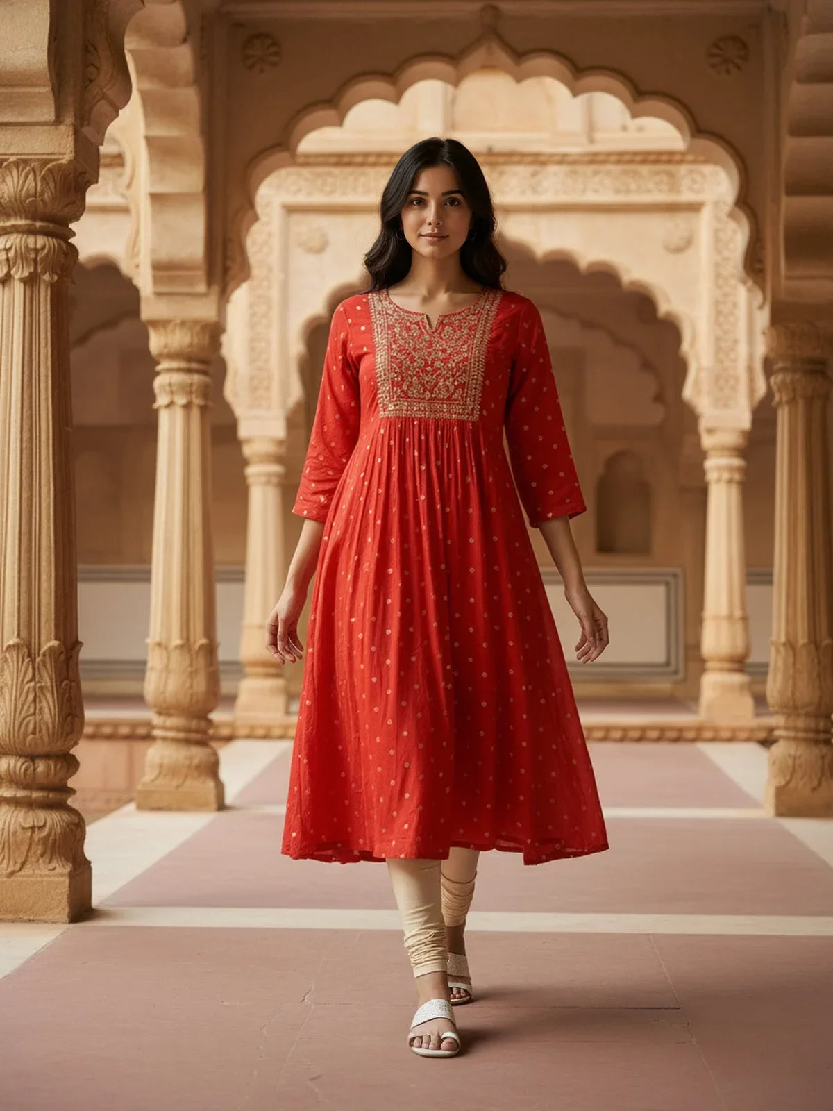 Buy Rayon EmbroideFlaCalf Length Kurta-Red