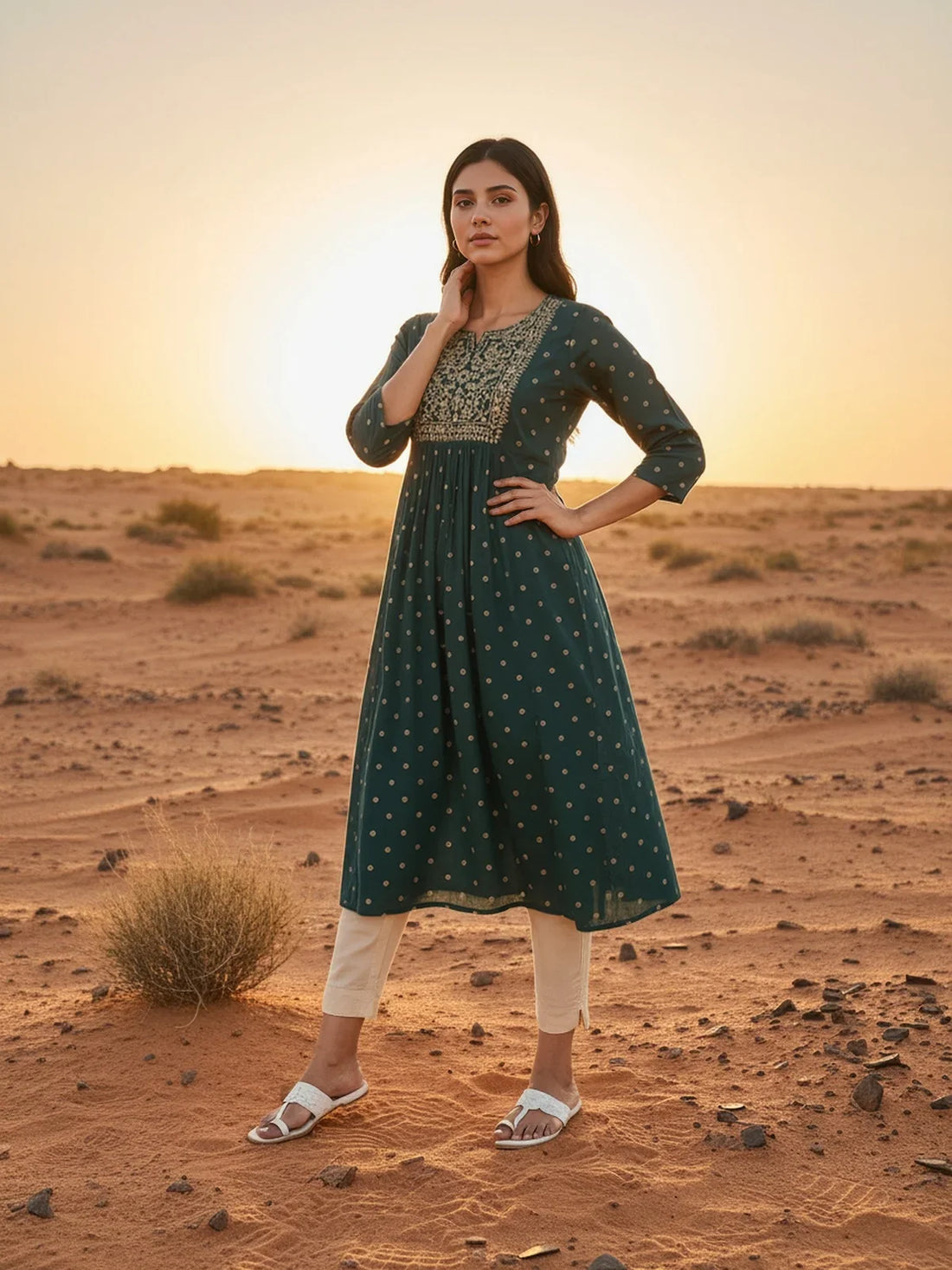 Buy Rayon Embroidered Flared Calf Length Kurta-Teal