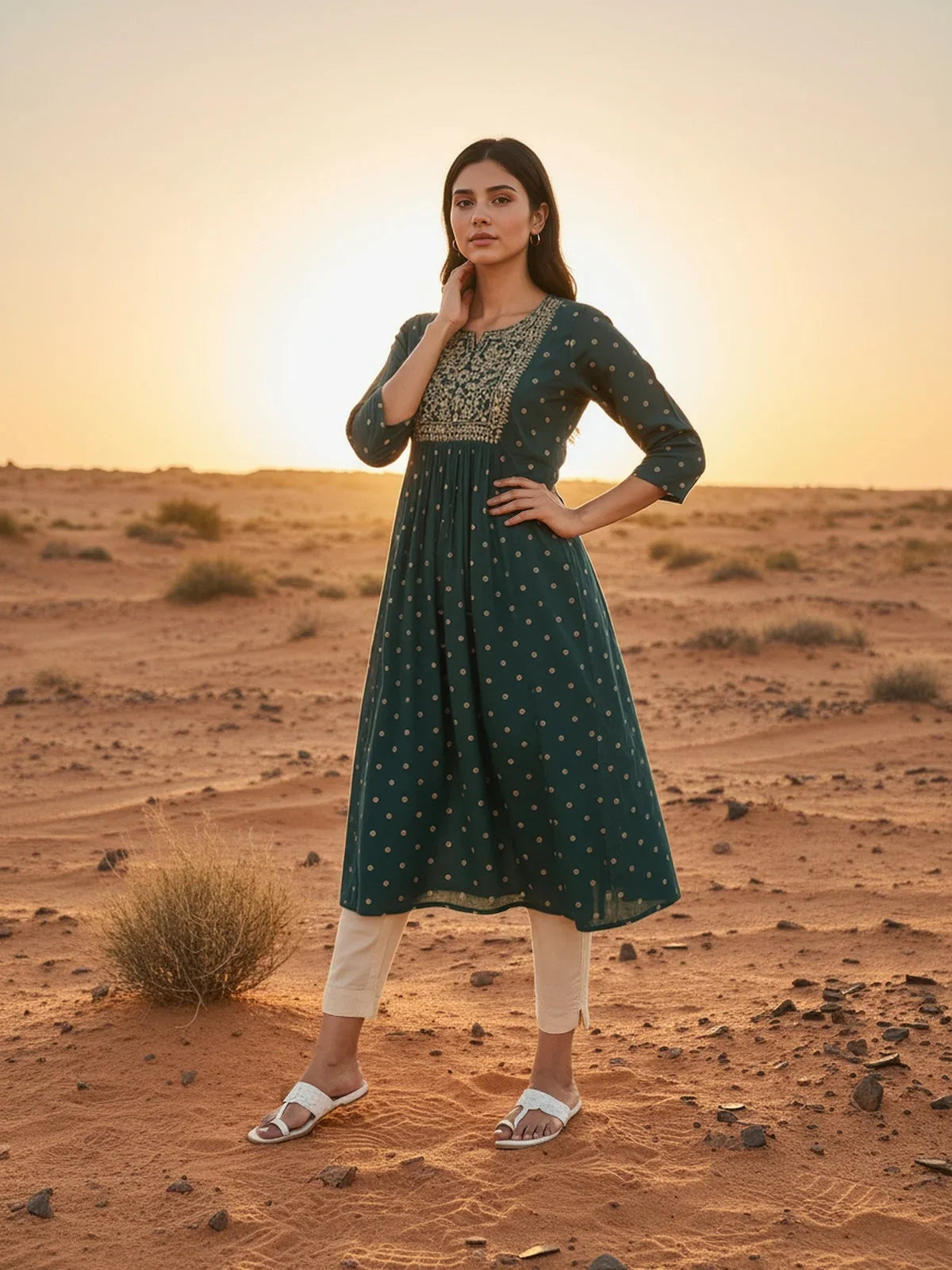 Buy Rayon Embroidered Flared Calf Length Kurta-Teal