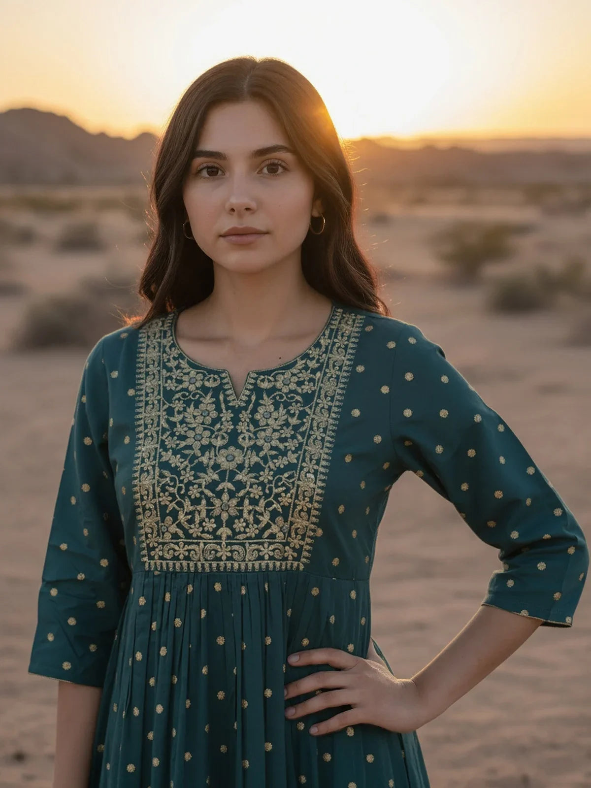 Buy Rayon Embroidered Flared Calf Length Kurta-Teal