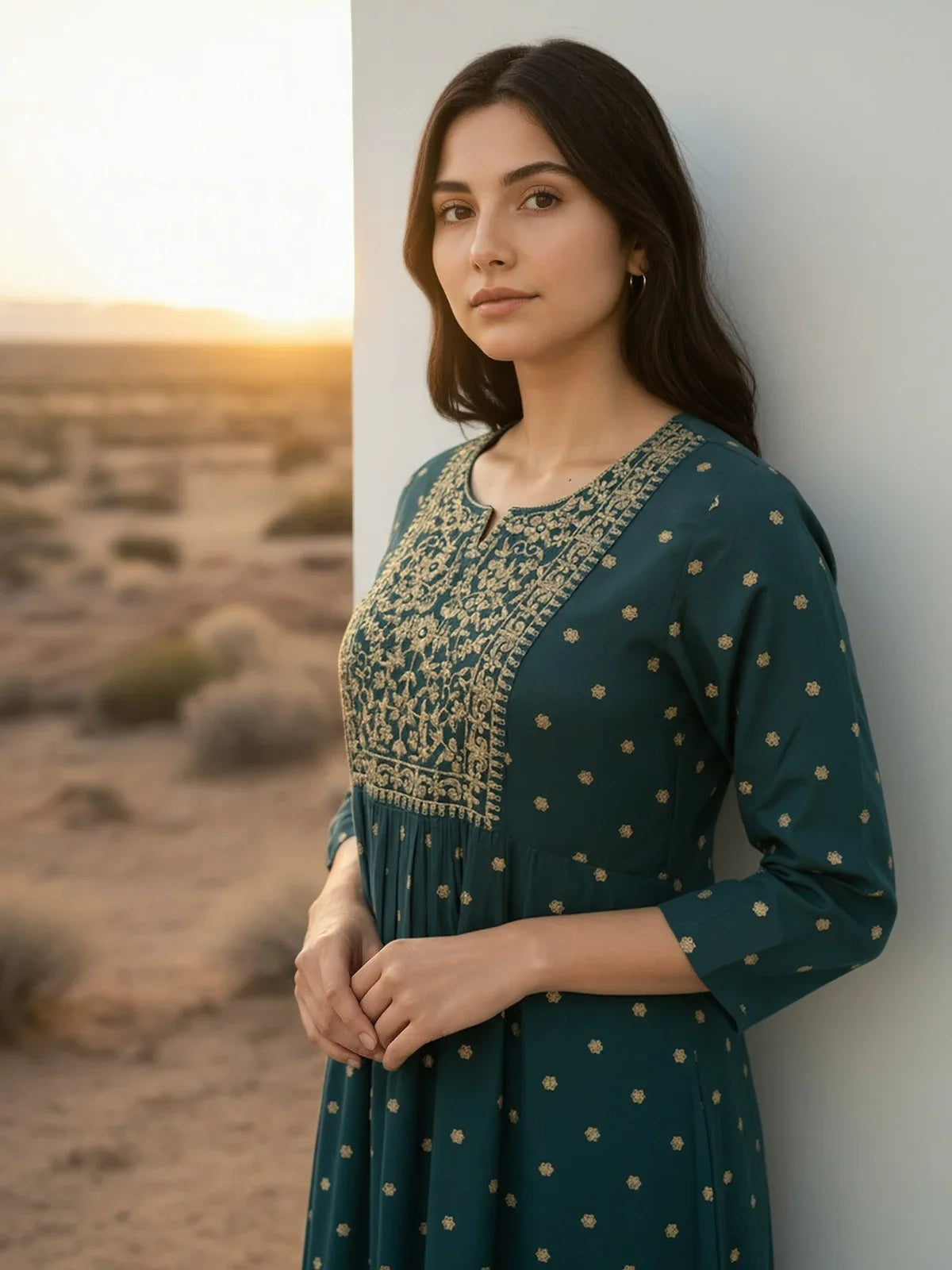 Buy Rayon Embroidered Flared Calf Length Kurta-Teal