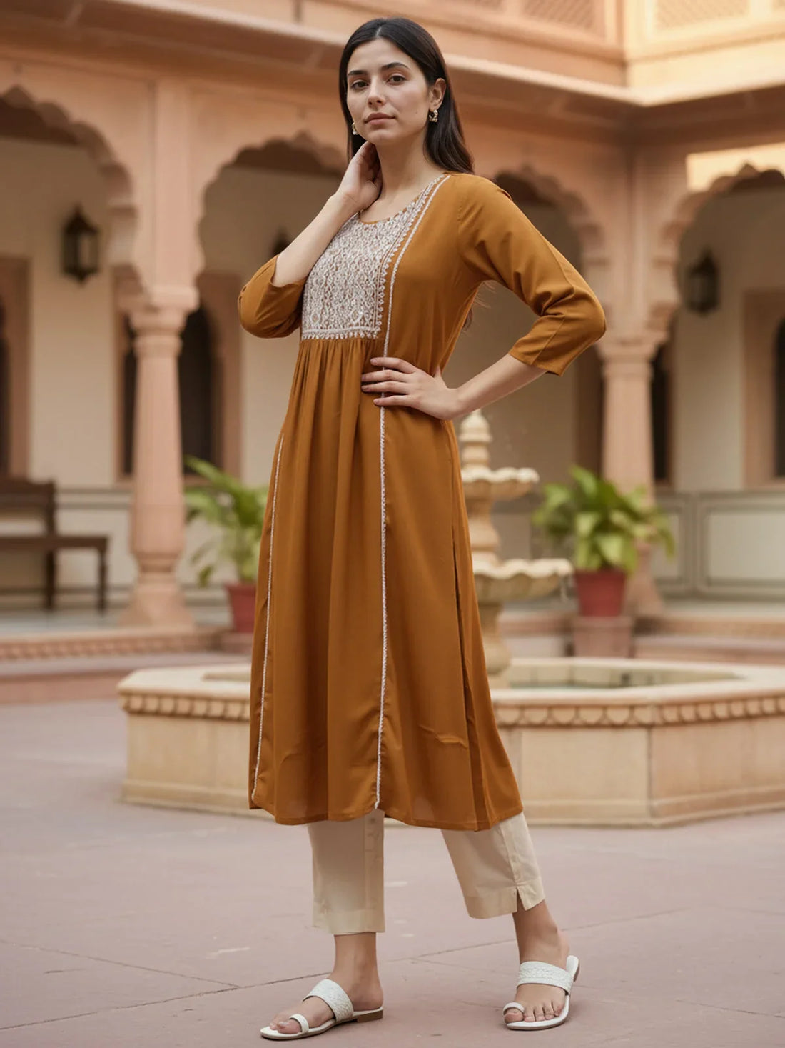 Buy Rayon Embroidered A-Line Calf Length Kurta-Brown