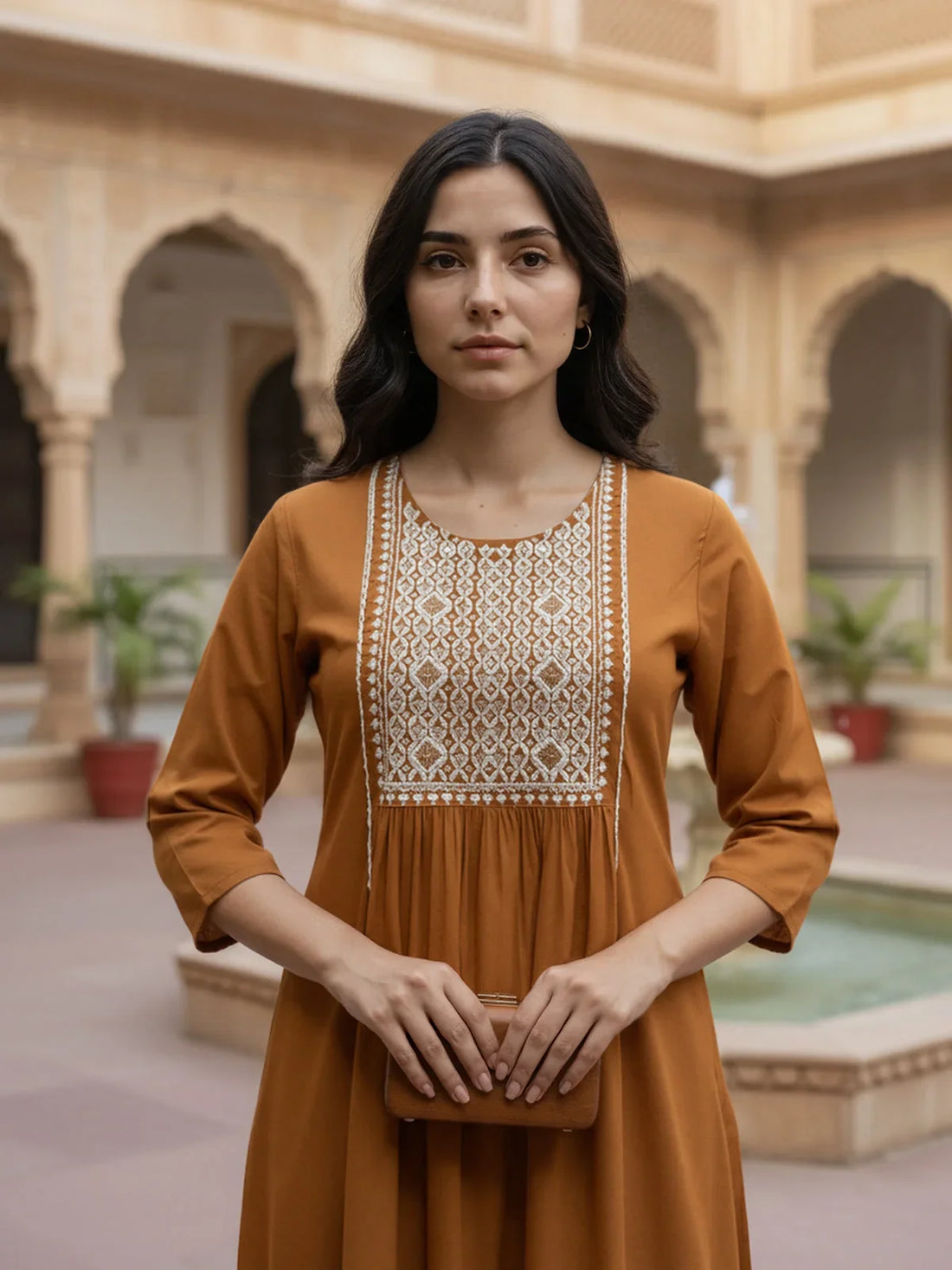 Buy Rayon Embroidered A-Line Calf Length Kurta-Brown