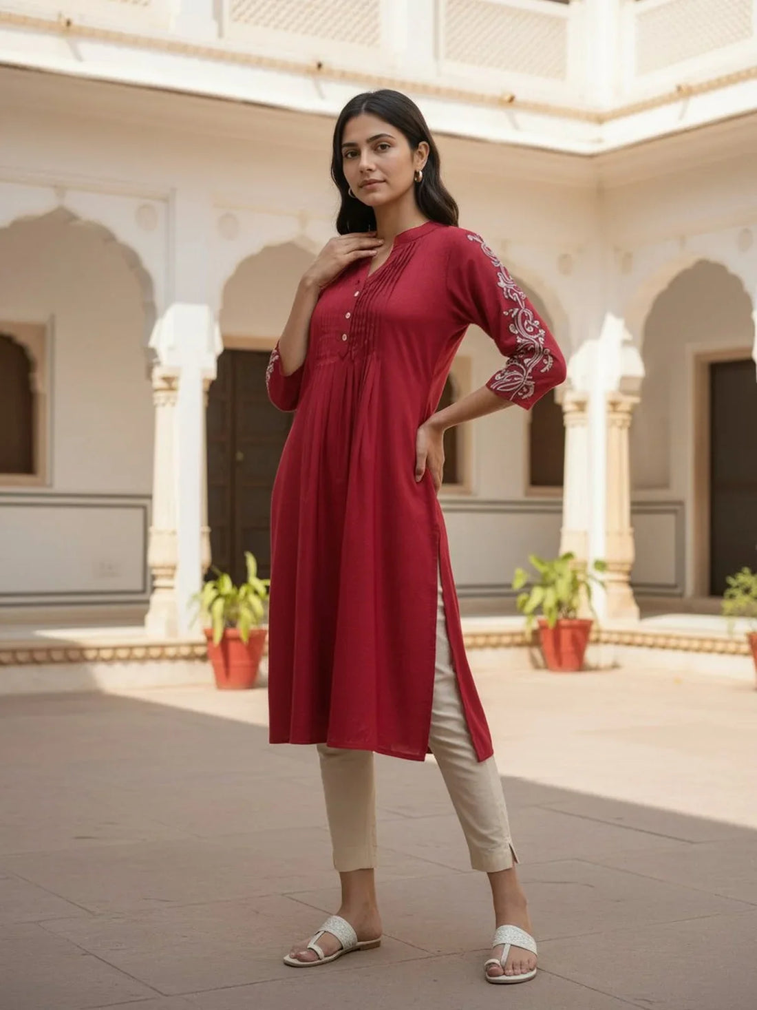 Buy Rayon Embroidered A-Line Calf Length Kurta-Maroon