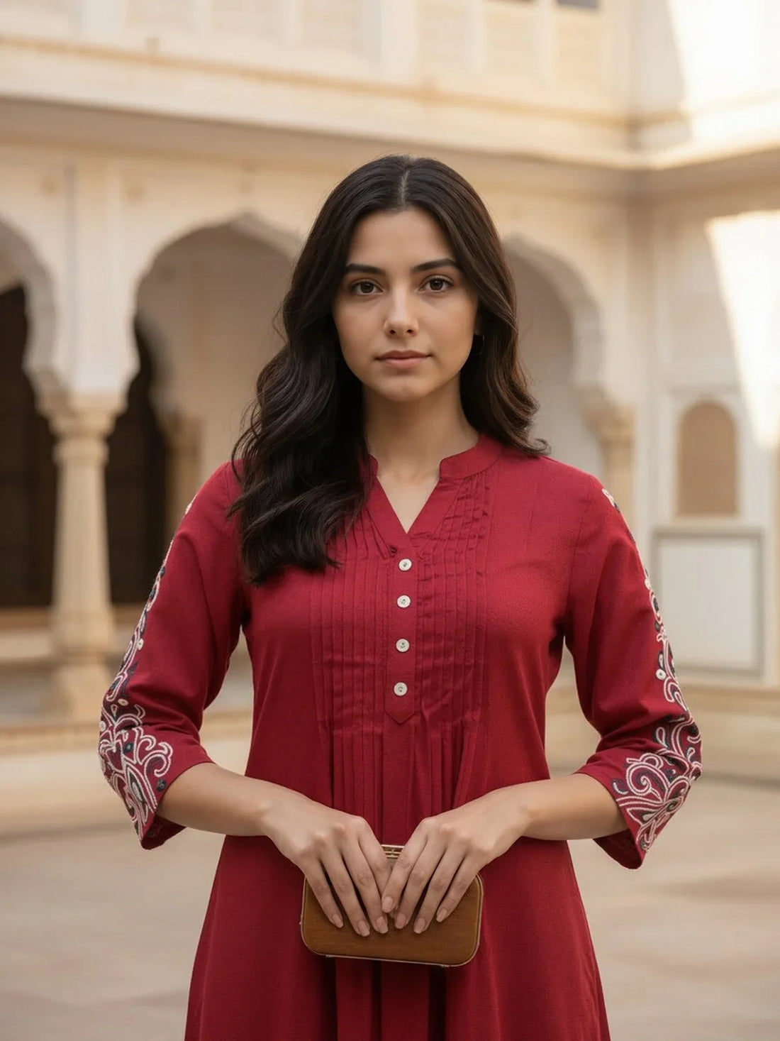 Buy Rayon Embroidered A-Line Calf Length Kurta-Maroon