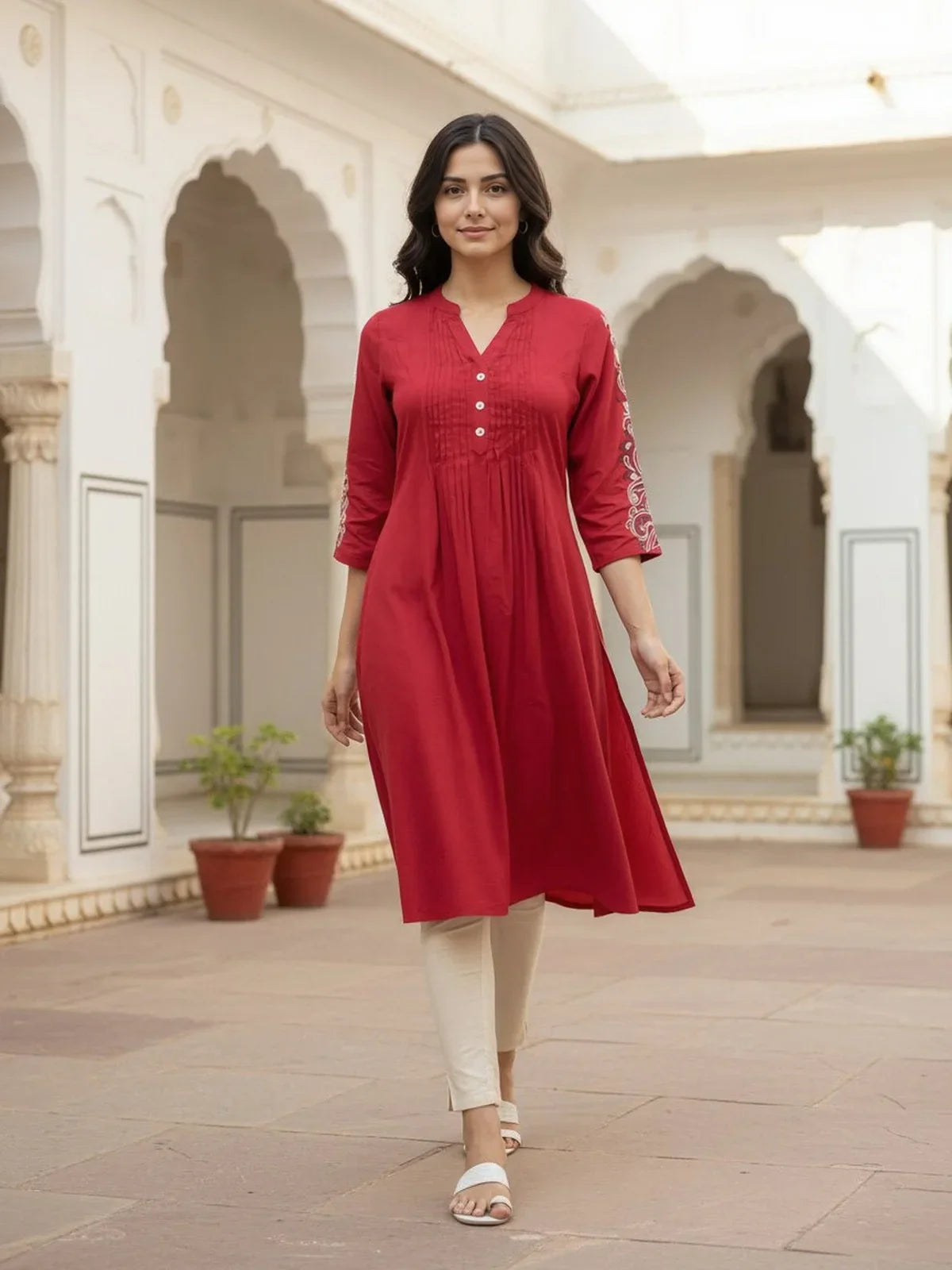 Buy Rayon Embroidered A-Line Calf Length Kurta-Maroon
