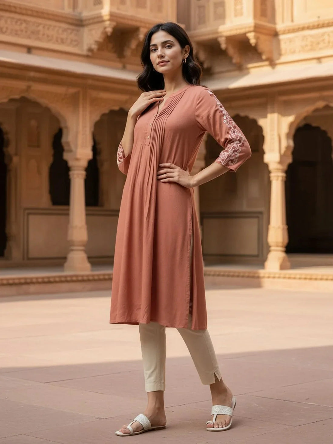 Buy Rayon Embroidered A-Line Calf Length Kurta-Peach