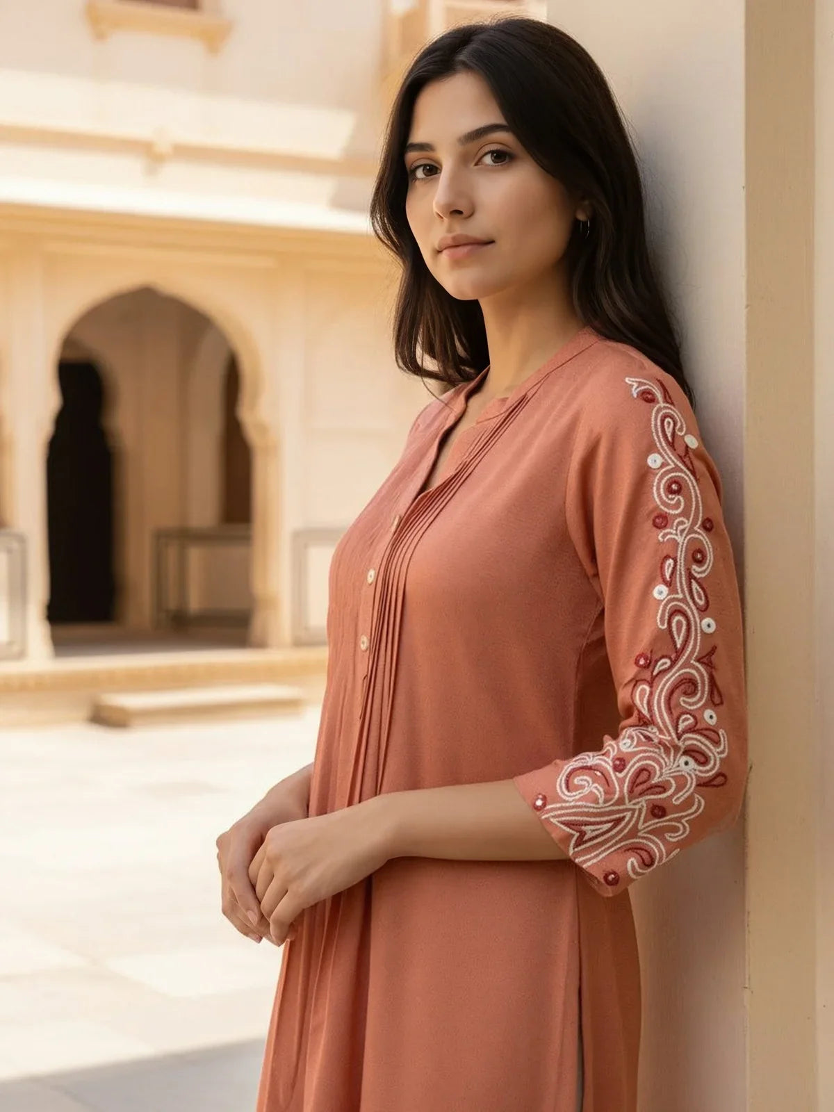 Buy Rayon Embroidered A-Line Calf Length Kurta-Peach