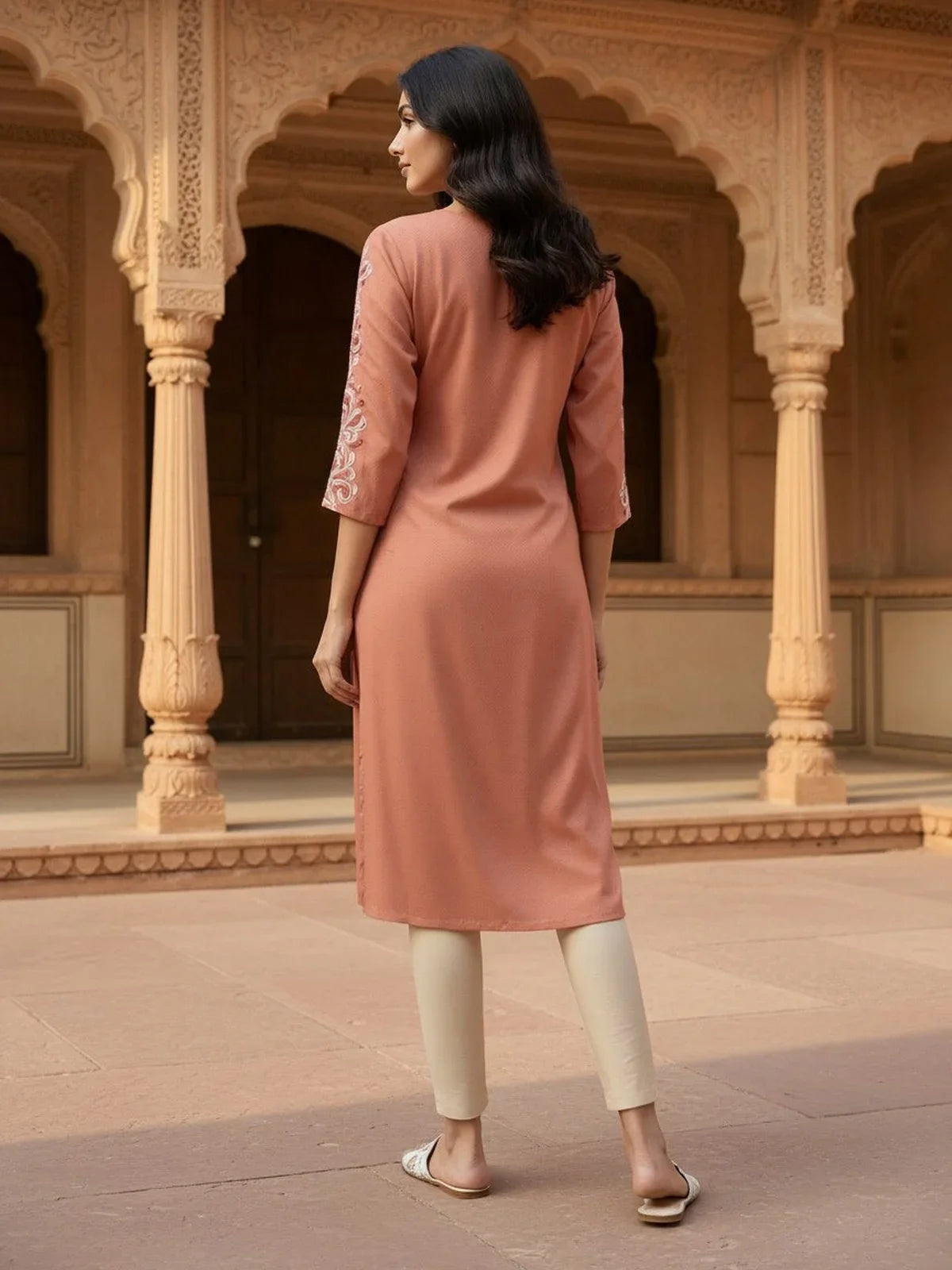Buy Rayon Embroidered A-Line Calf Length Kurta-Peach