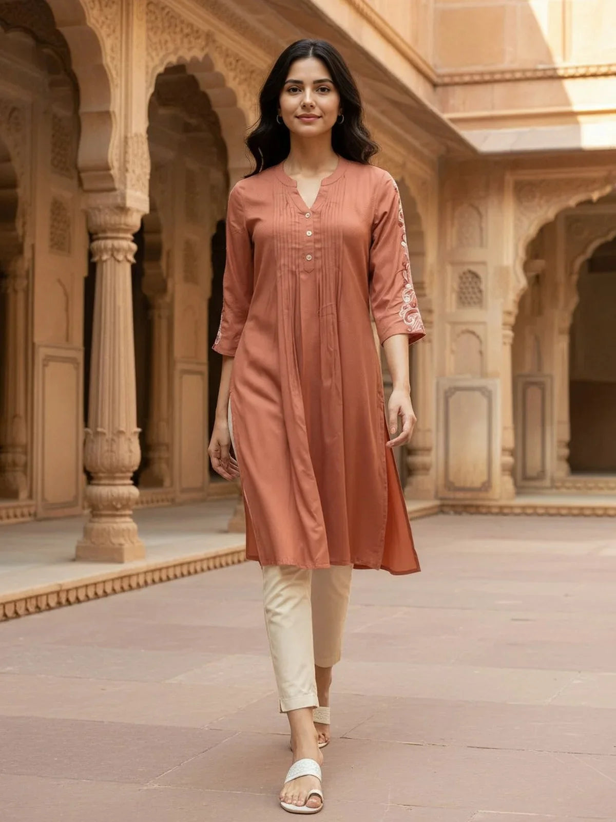 Buy Rayon Embroidered A-Line Calf Length Kurta-Peach