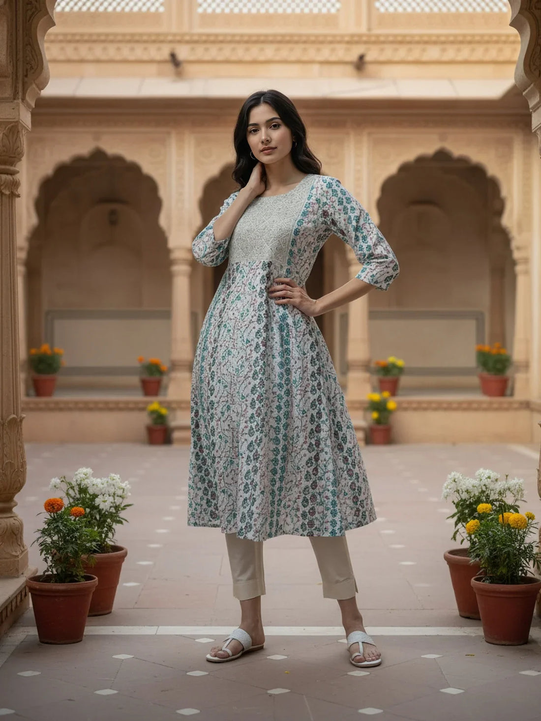 Buy Rayon Embroidered Flared Calf Length Kurta-White