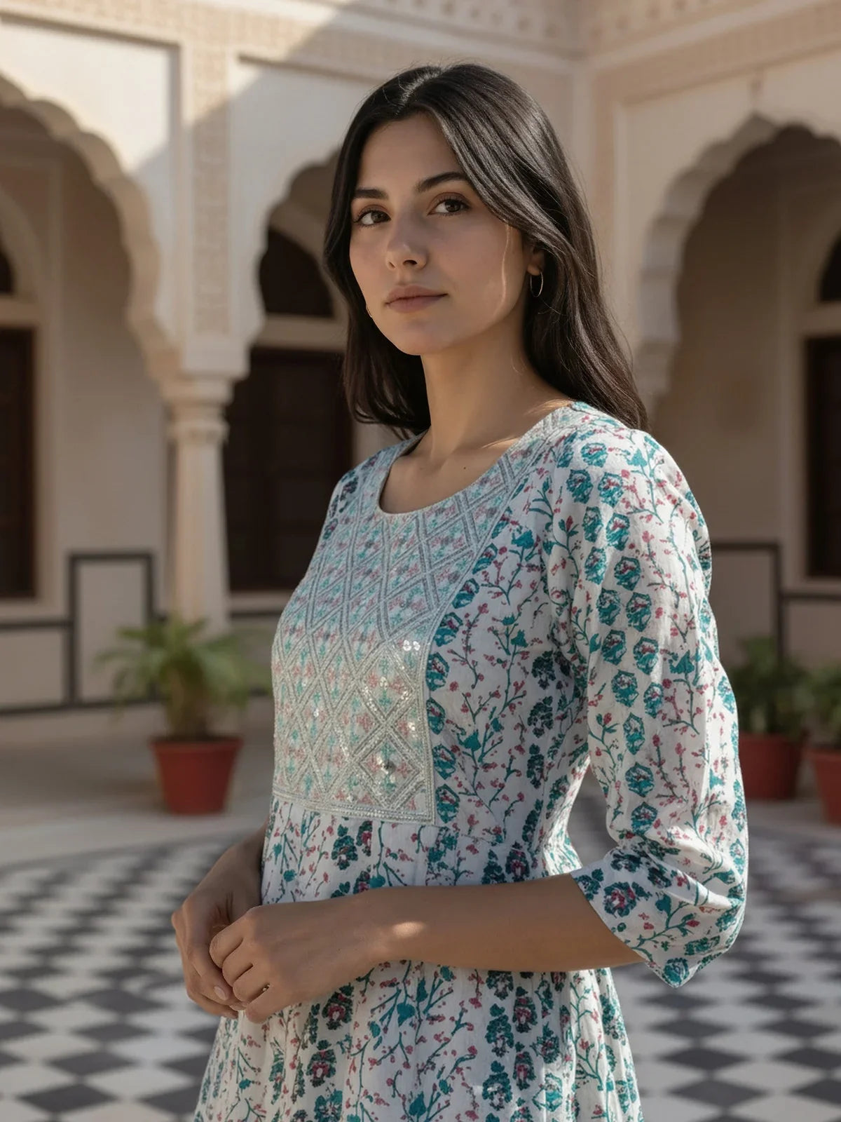 Buy Rayon Embroidered Flared Calf Length Kurta-White