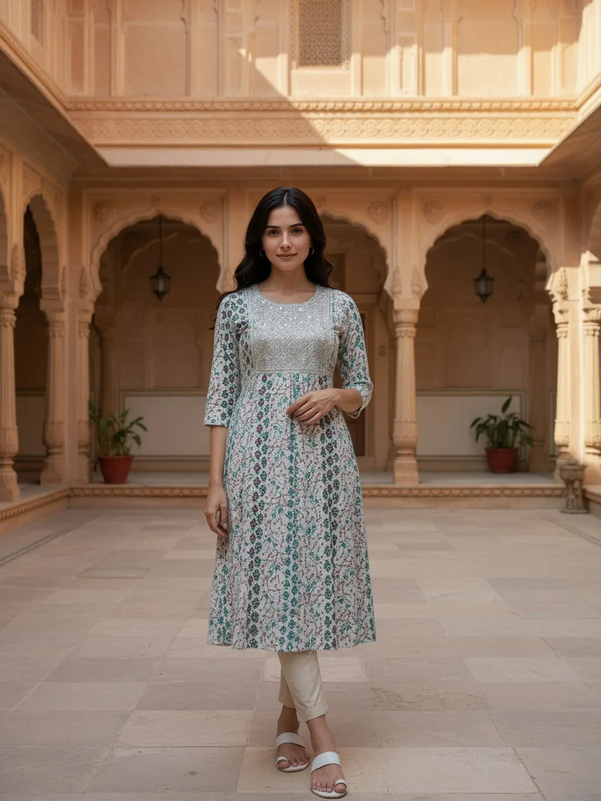 Buy Rayon Embroidered Flared Calf Length Kurta-White