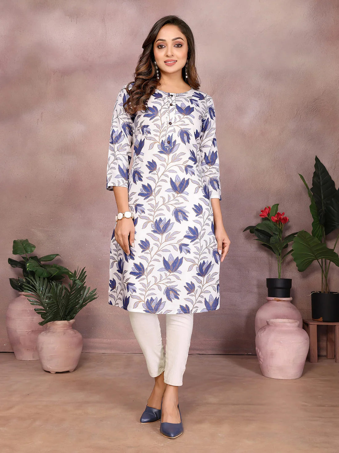 Buy Rayon Printed Straight Knee Length Kurta-Blue