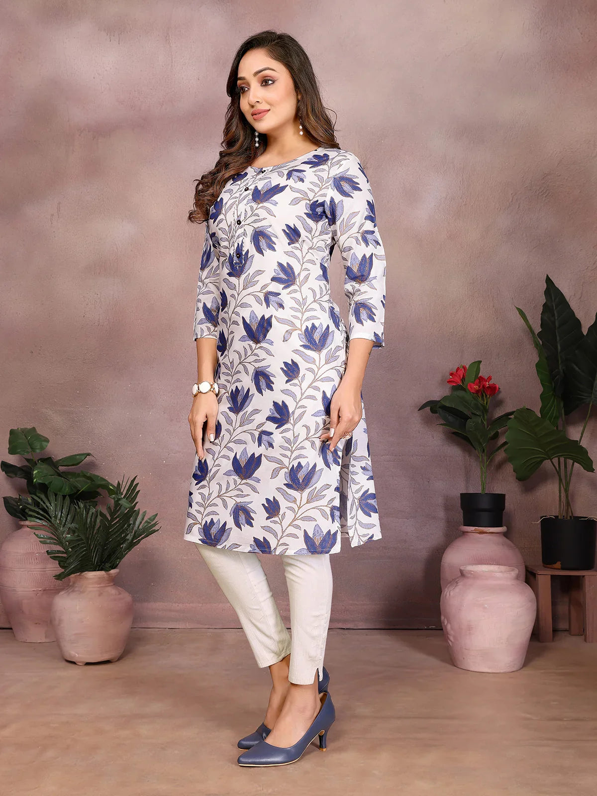 Buy Rayon Printed Straight Knee Length Kurta-Blue