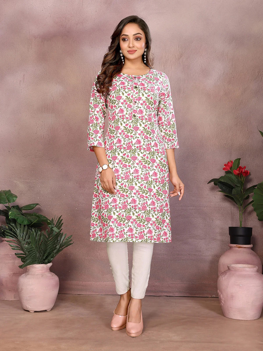 Buy Rayon Printed Straight Knee Length Kurta-Pink