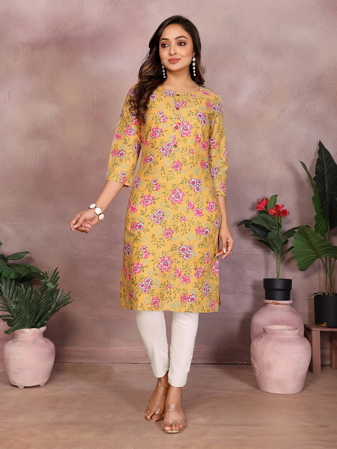 Buy Cotton Printed Straight Knee Length Kurta-Mustard