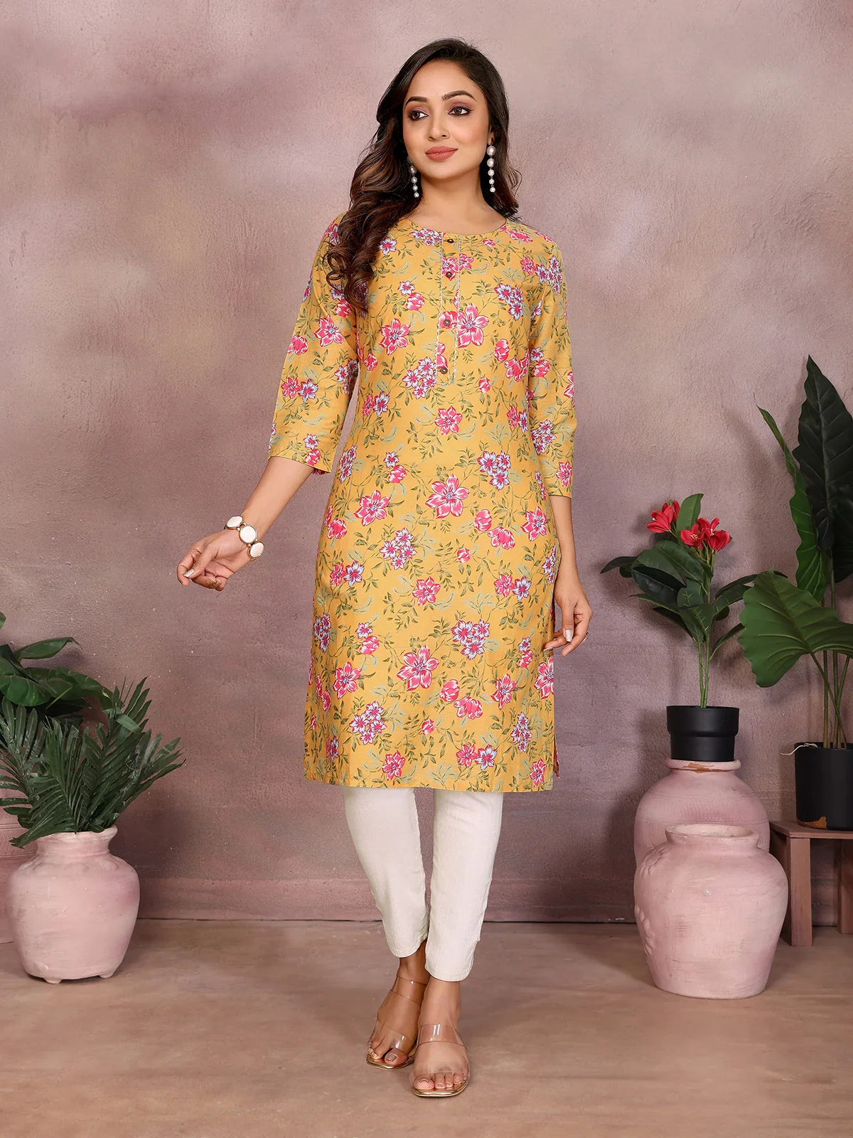 Buy Cotton Printed Straight Knee Length Kurta-Mustard