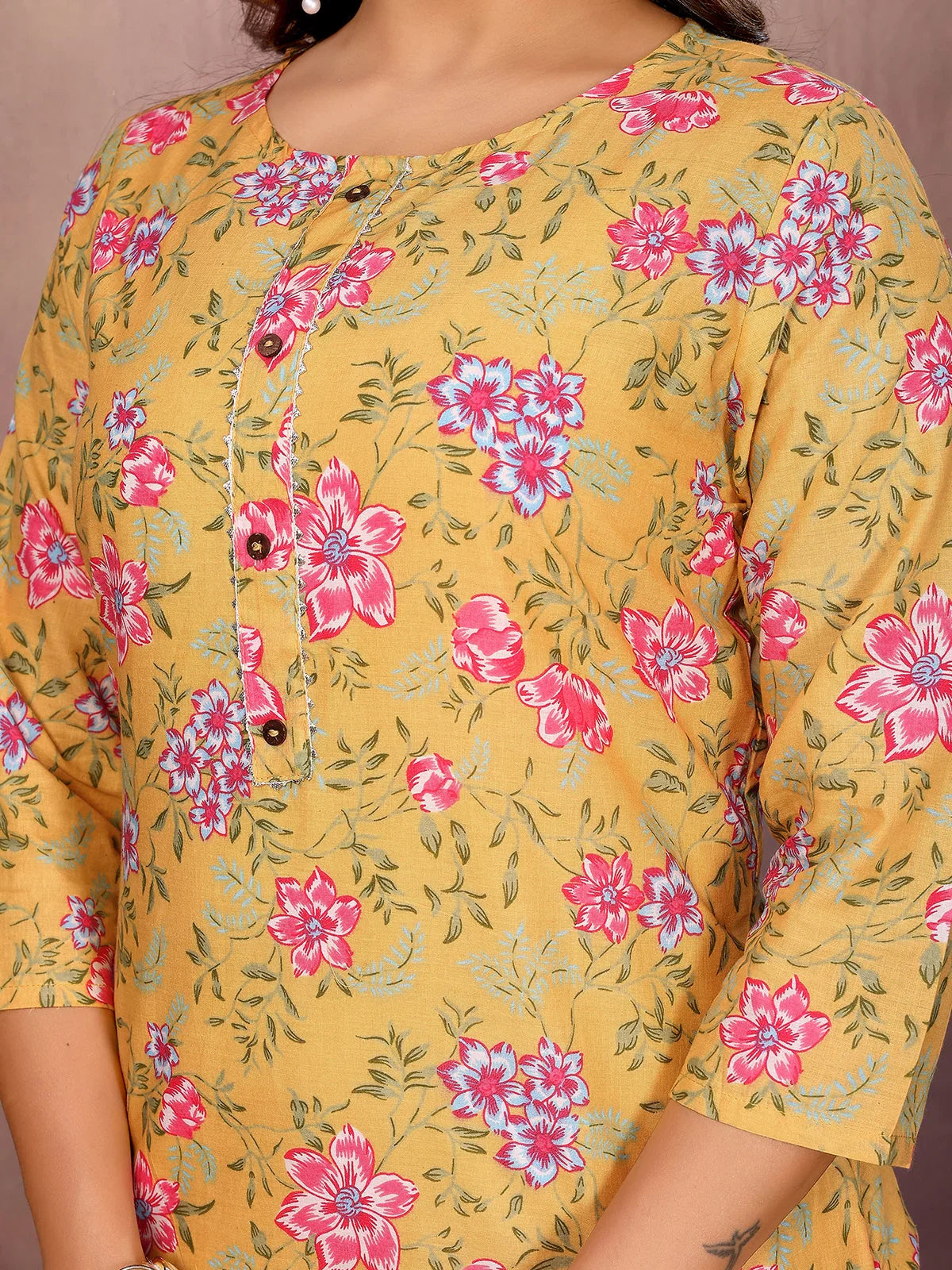 Buy Cotton Printed Straight Knee Length Kurta-Mustard