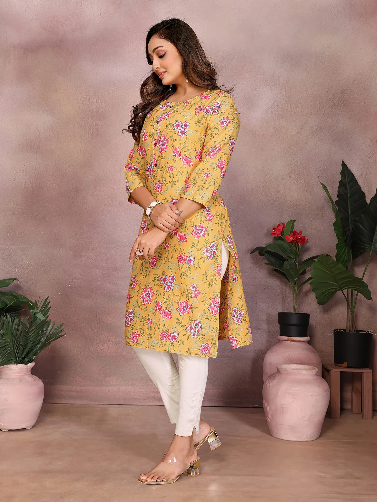 Buy Cotton Printed Straight Knee Length Kurta-Mustard