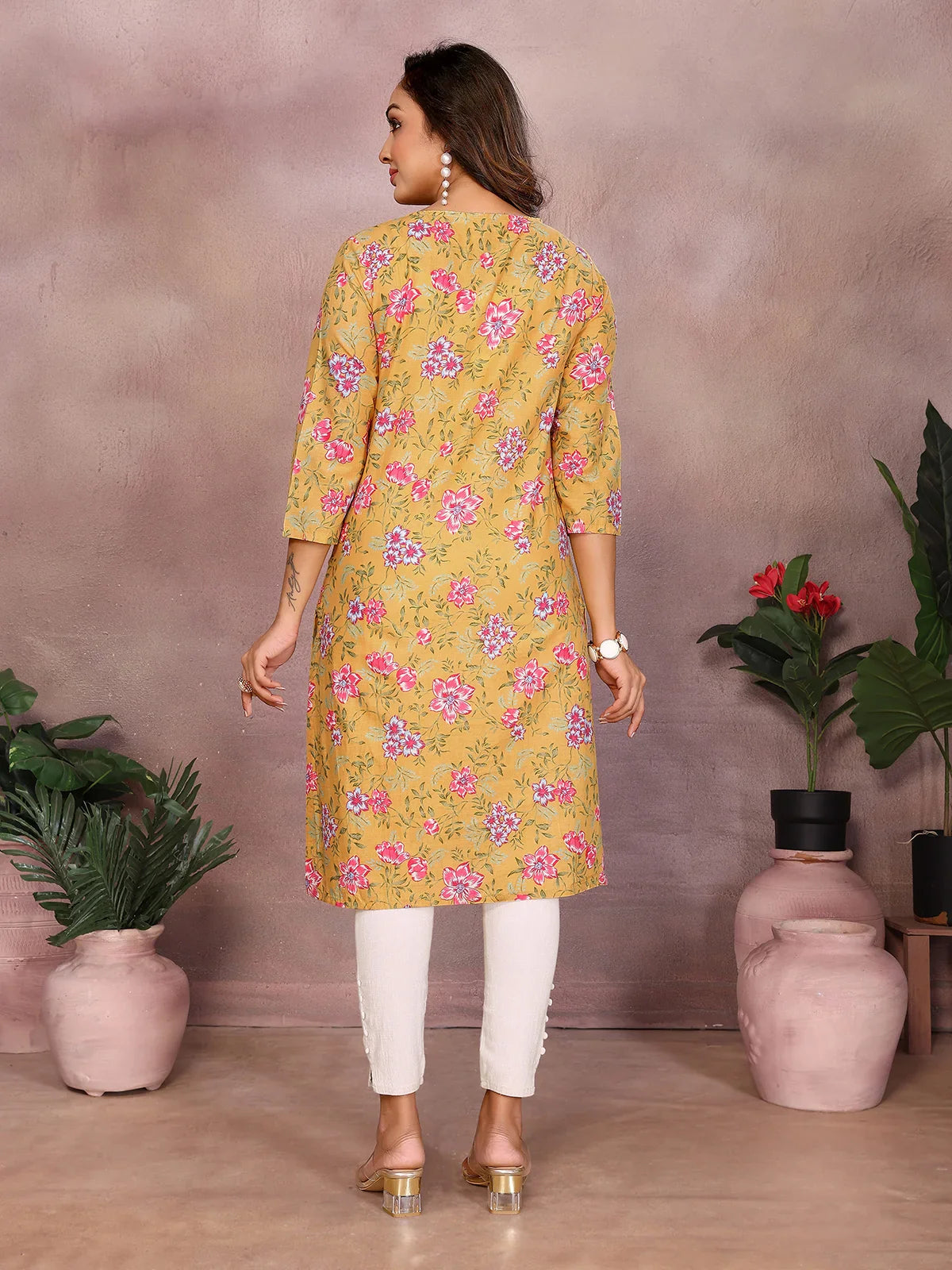 Buy Cotton Printed Straight Knee Length Kurta-Mustard