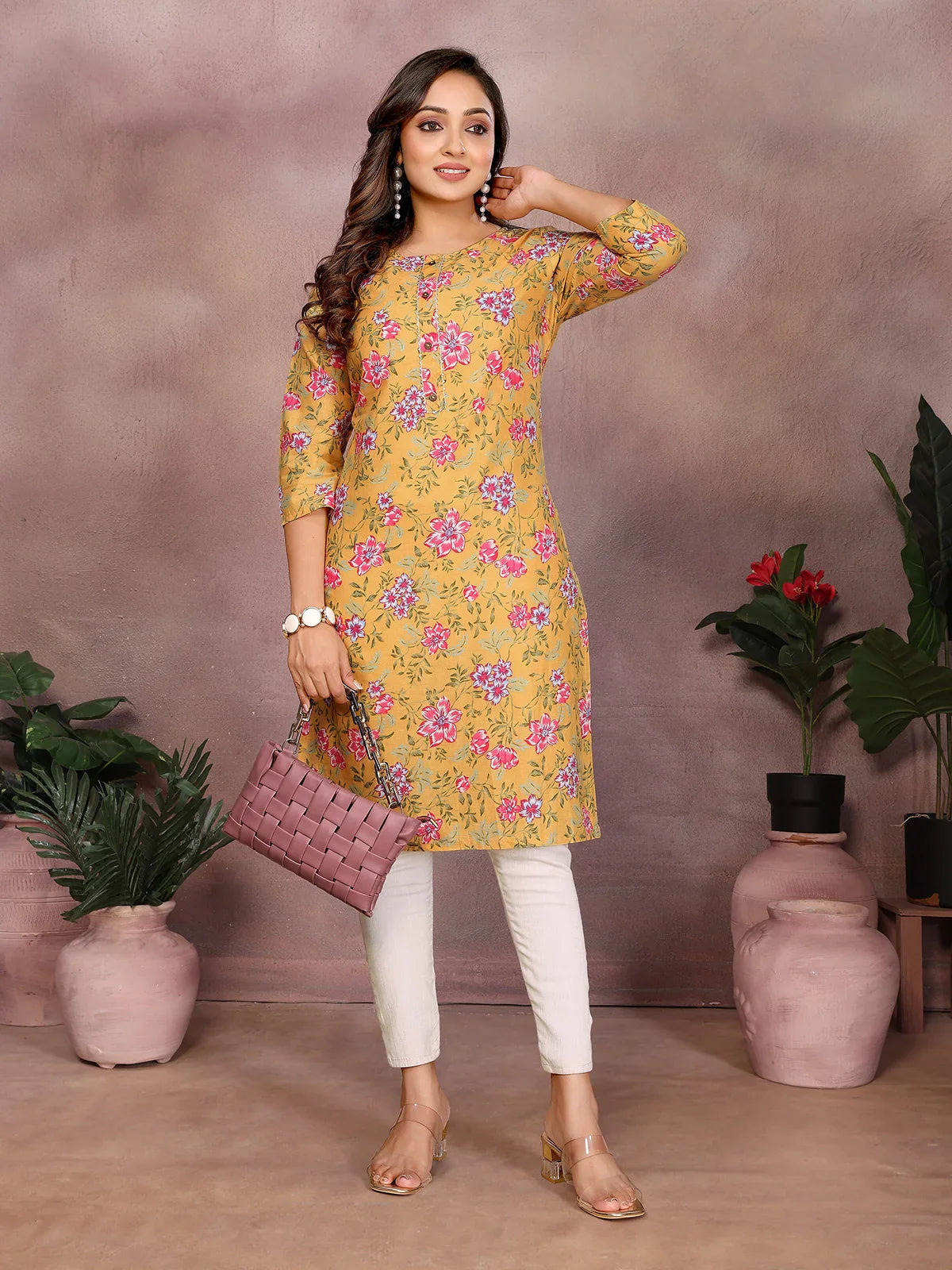 Buy Cotton Printed Straight Knee Length Kurta-Mustard