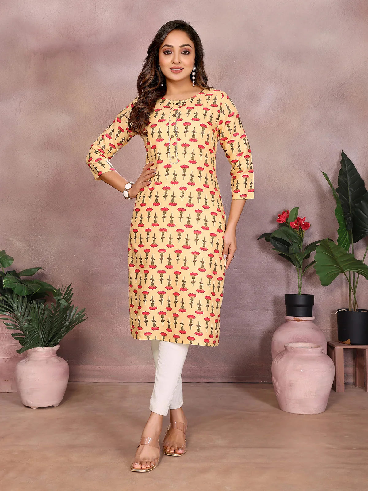 Buy Rayon Printed Straight Knee Length Kurta-Pink