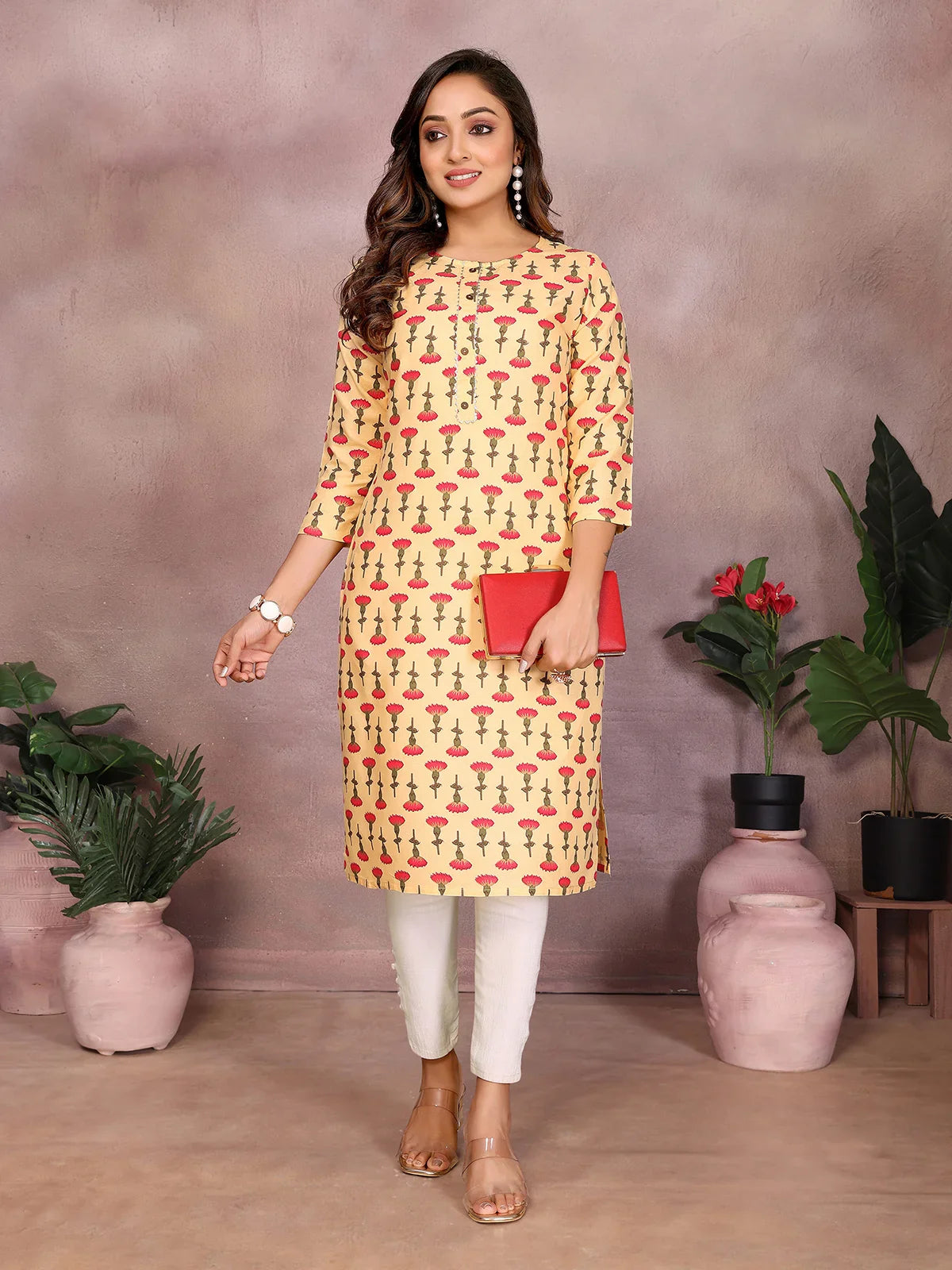 Buy Rayon Printed Straight Knee Length Kurta-Pink