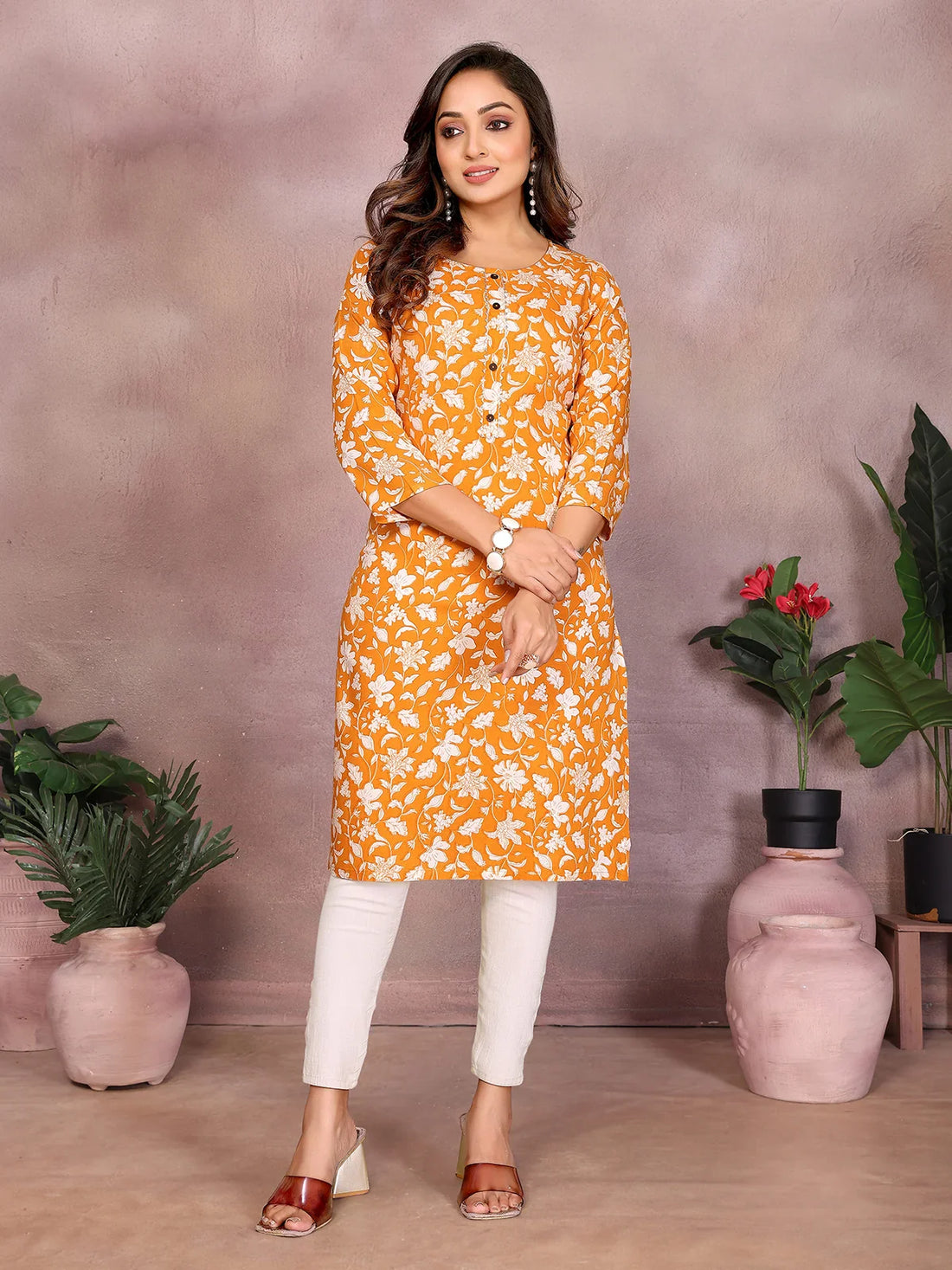 Buy Rayon Printed Straight Knee Length Kurta-Mustard