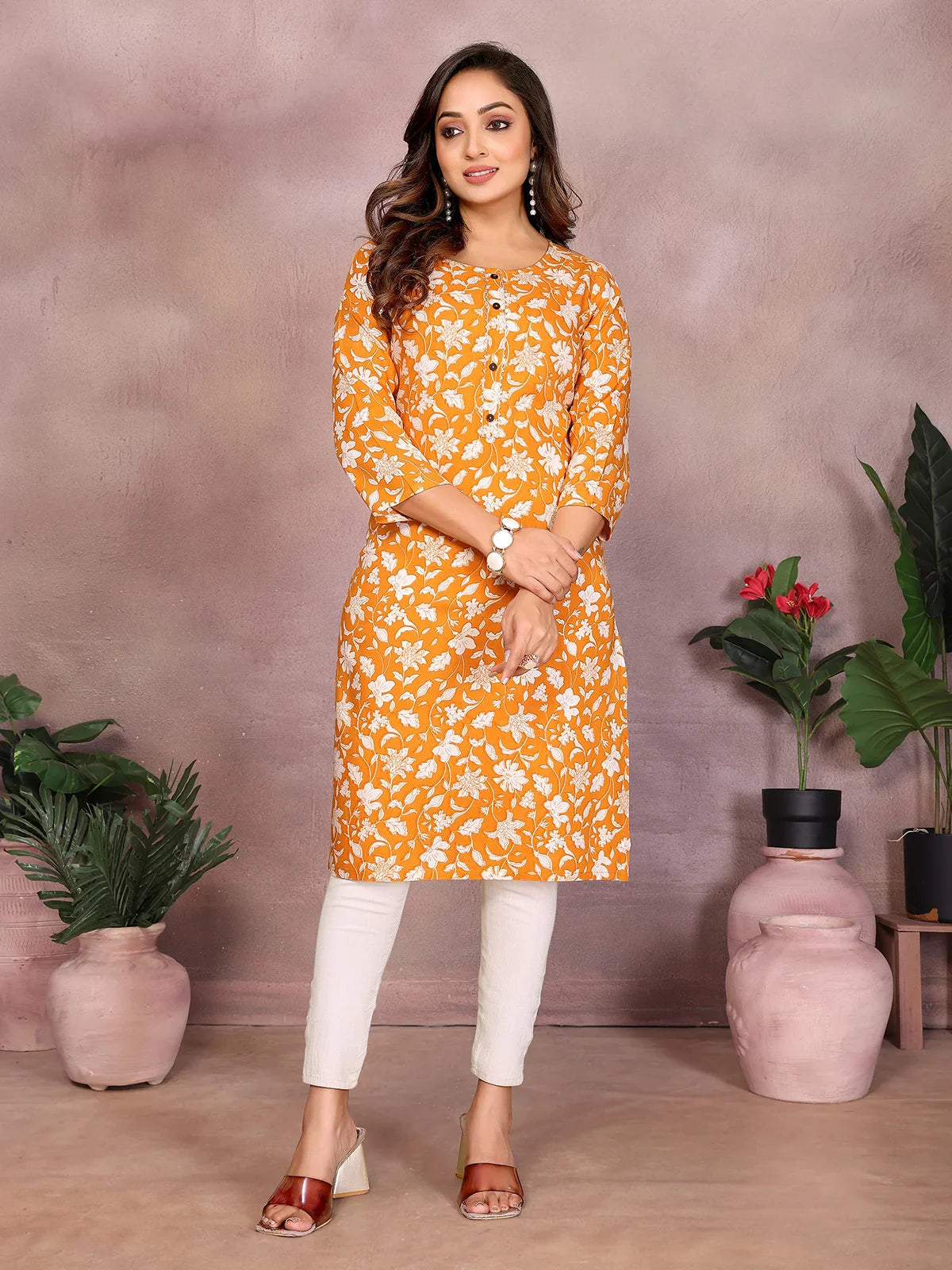 Buy Rayon Printed Straight Knee Length Kurta-Mustard