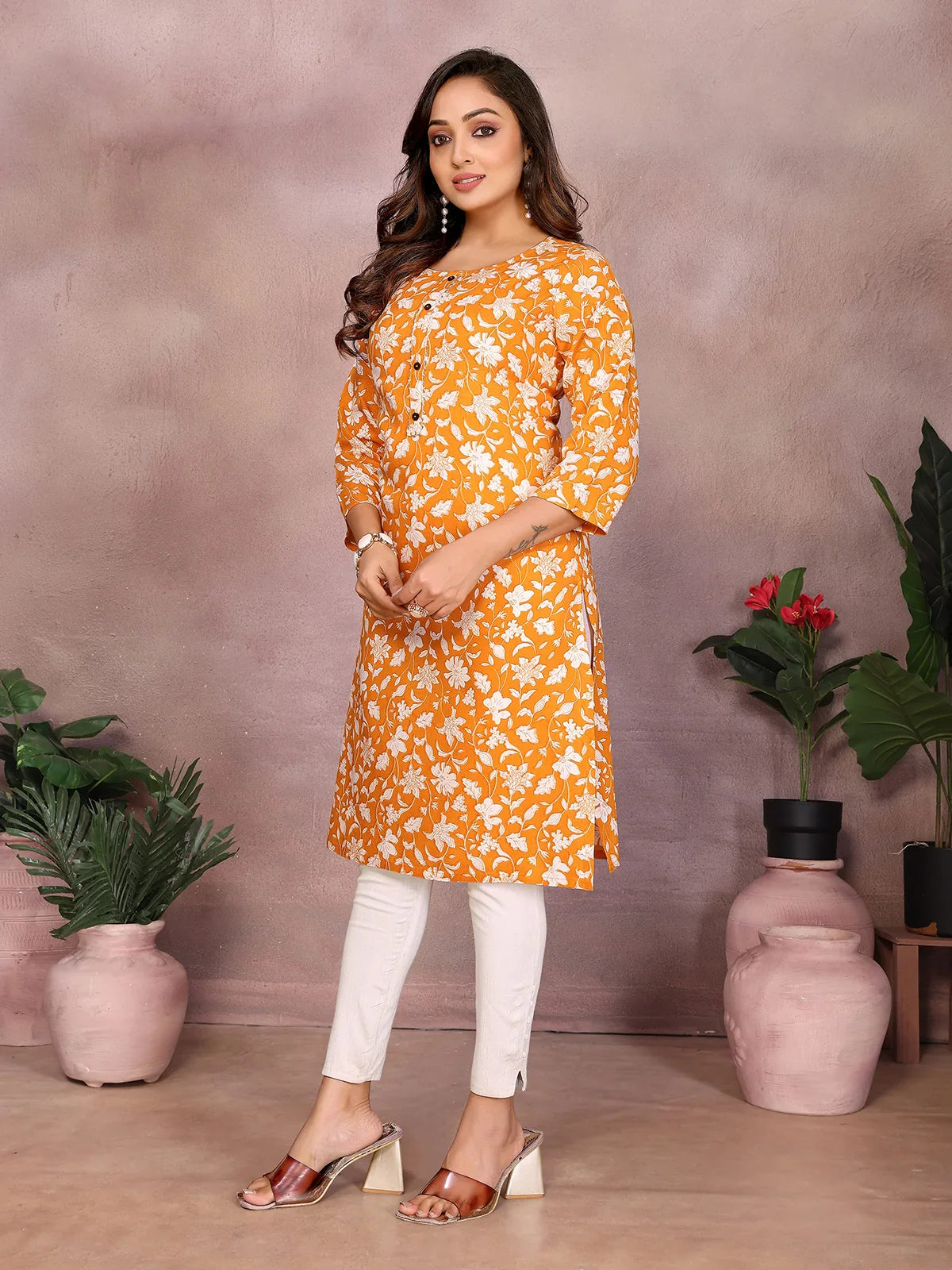 Buy Rayon Printed Straight Knee Length Kurta-Mustard