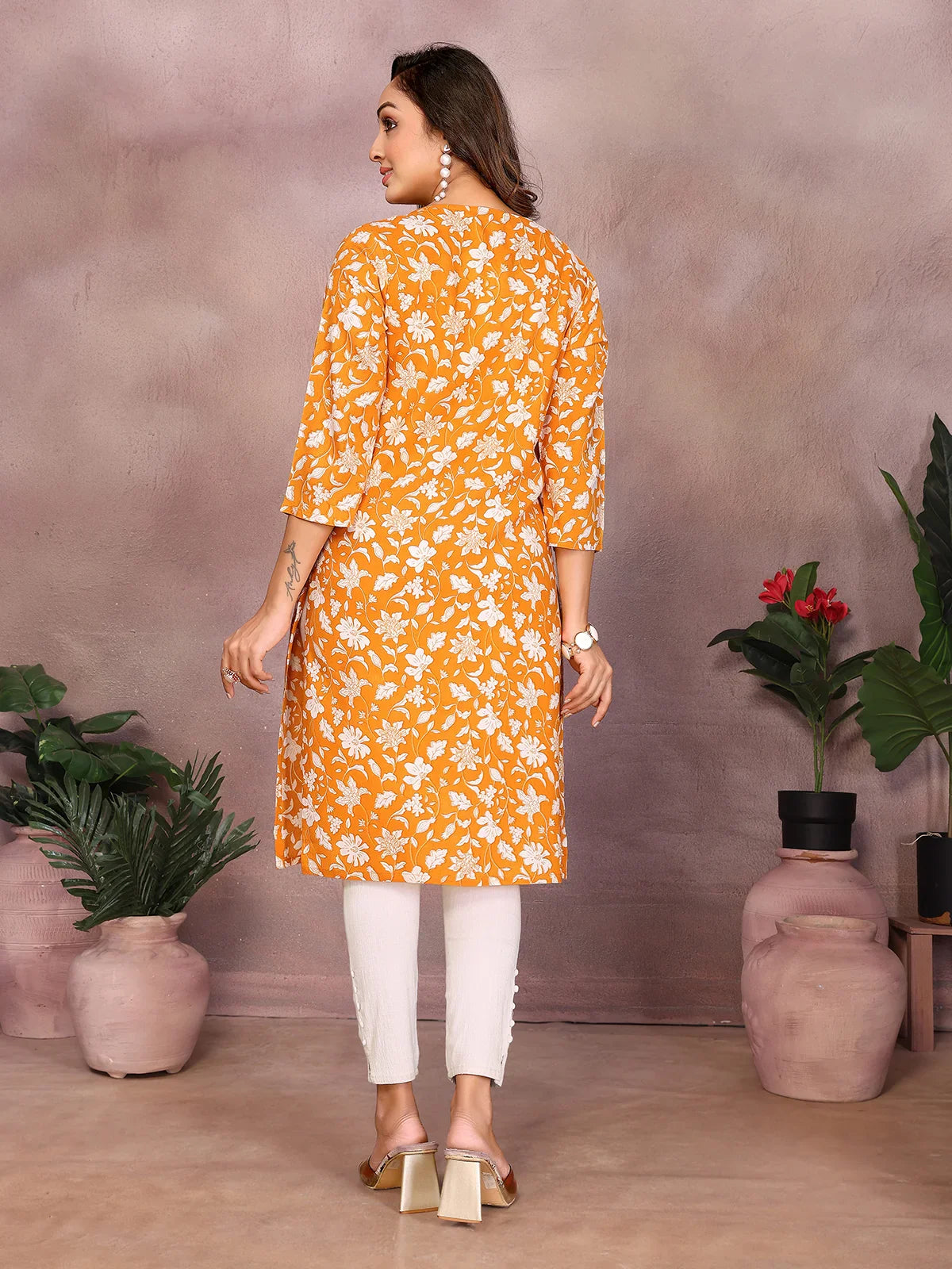 Buy Rayon Printed Straight Knee Length Kurta-Mustard