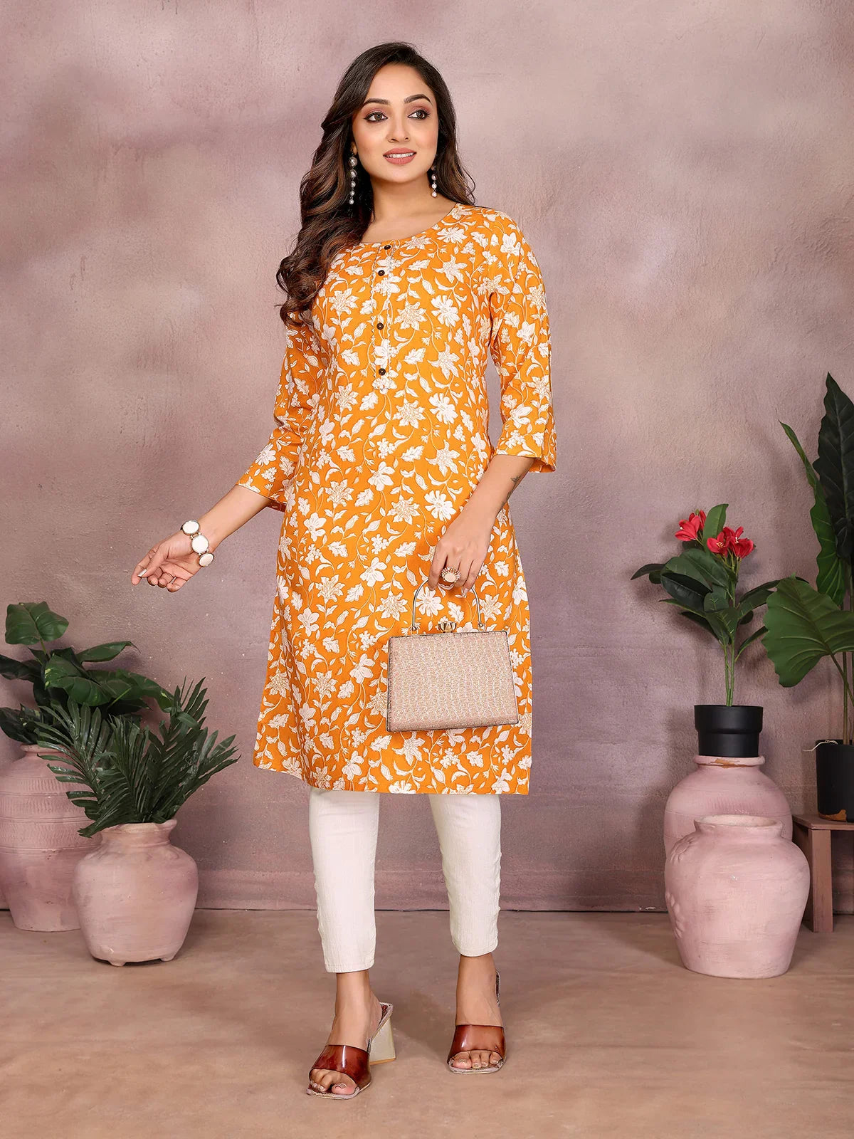 Buy Rayon Printed Straight Knee Length Kurta-Mustard