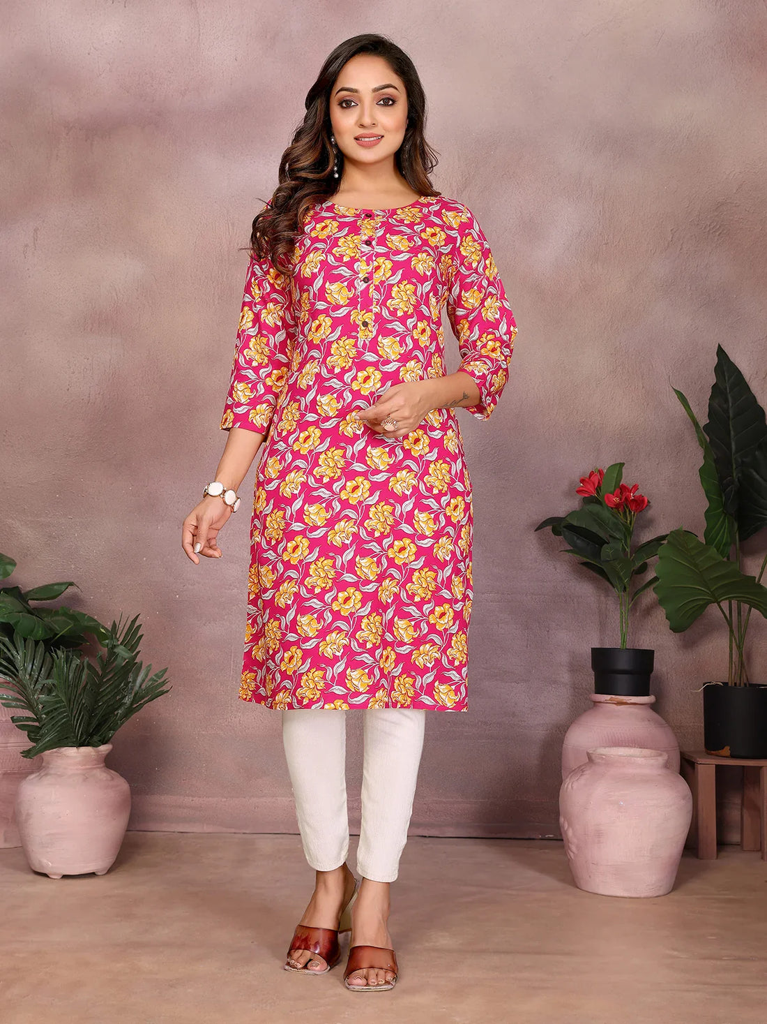 Buy Rayon Printed Straight Knee Length Kurta-Pink