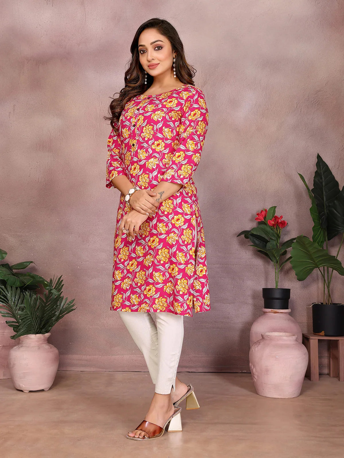 Buy Rayon Printed Straight Knee Length Kurta-Pink