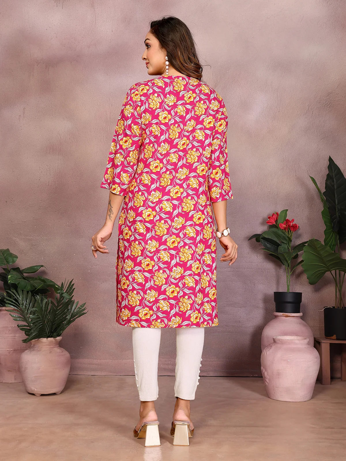 Buy Rayon Printed Straight Knee Length Kurta-Pink