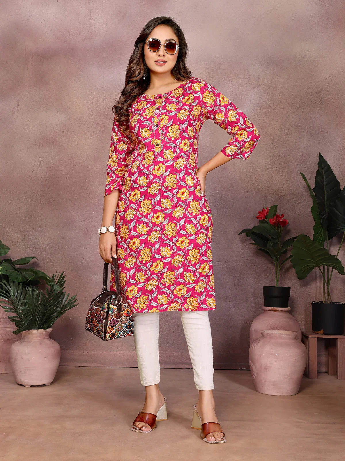 Buy Rayon Printed Straight Knee Length Kurta-Pink