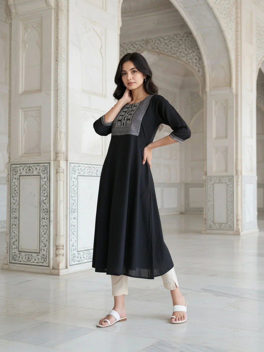 Buy Rayon Embroidered Flared Calf Length Kurta-Black